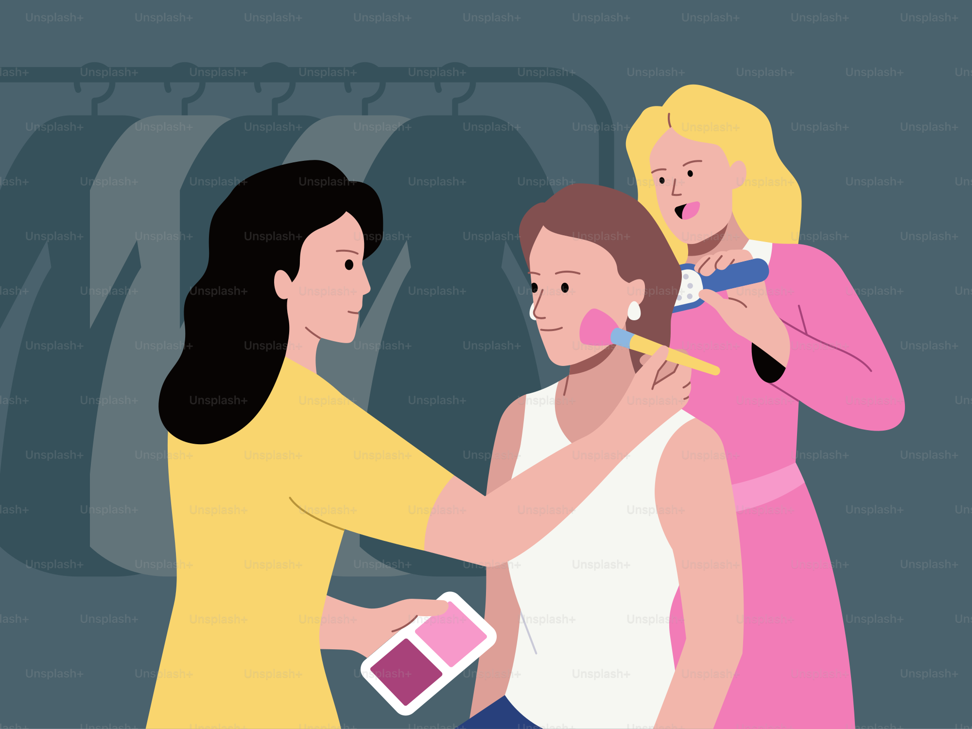 Makeup artists apply makeup on a woman.