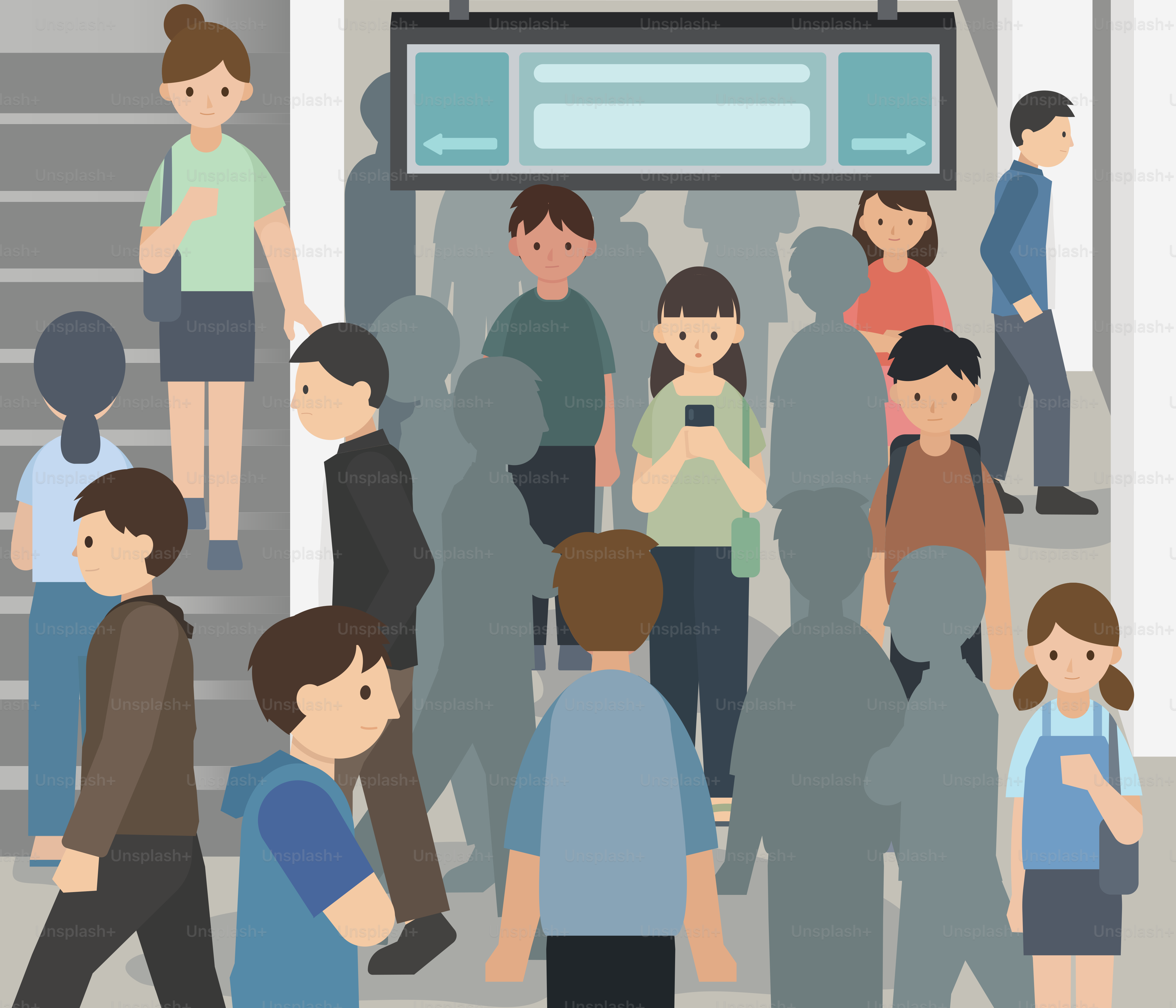 People are waiting and walking at a transit station.