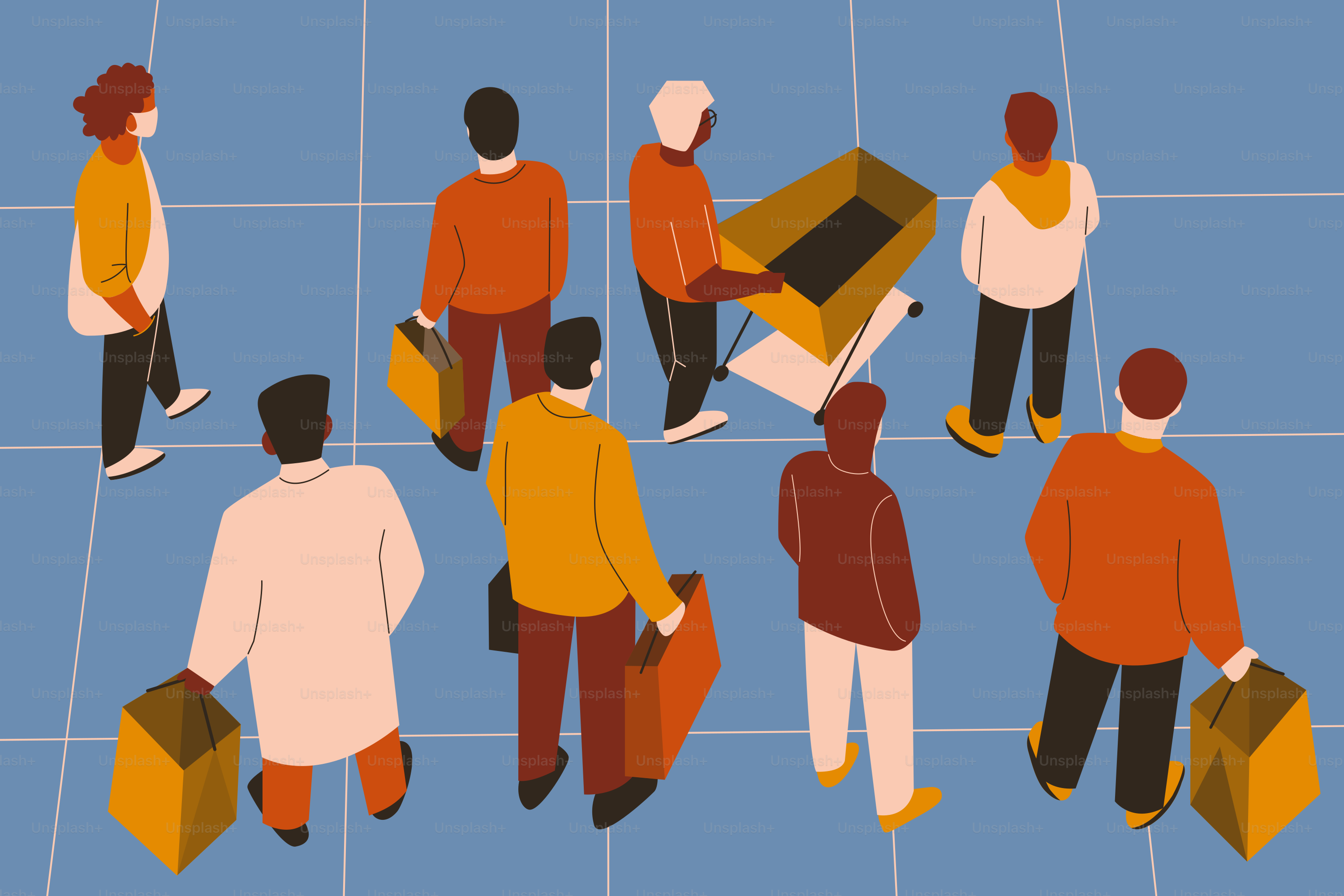 People are standing and walking with shopping bags.