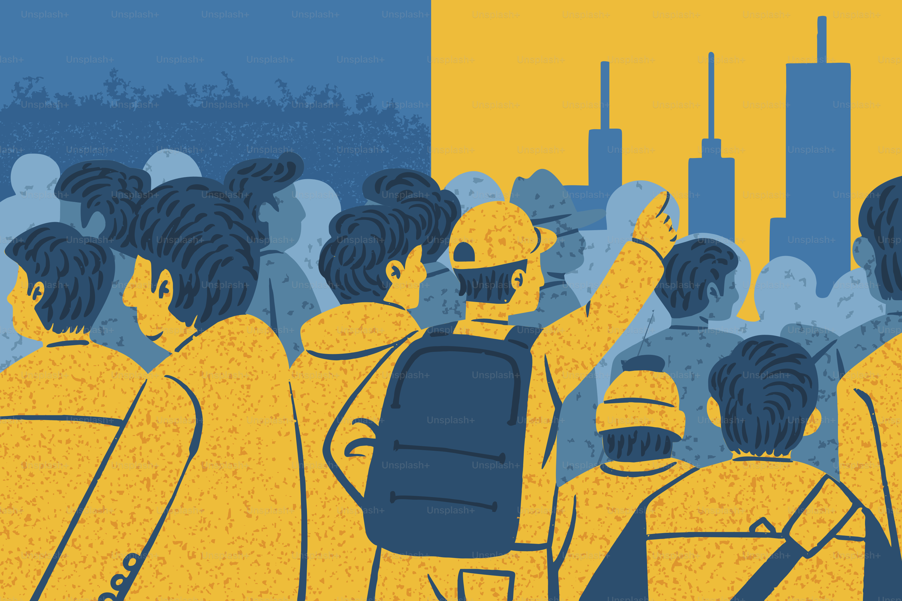 La gente está reunida, con un telón de fondo de la ciudad con los colores de Ucrania.