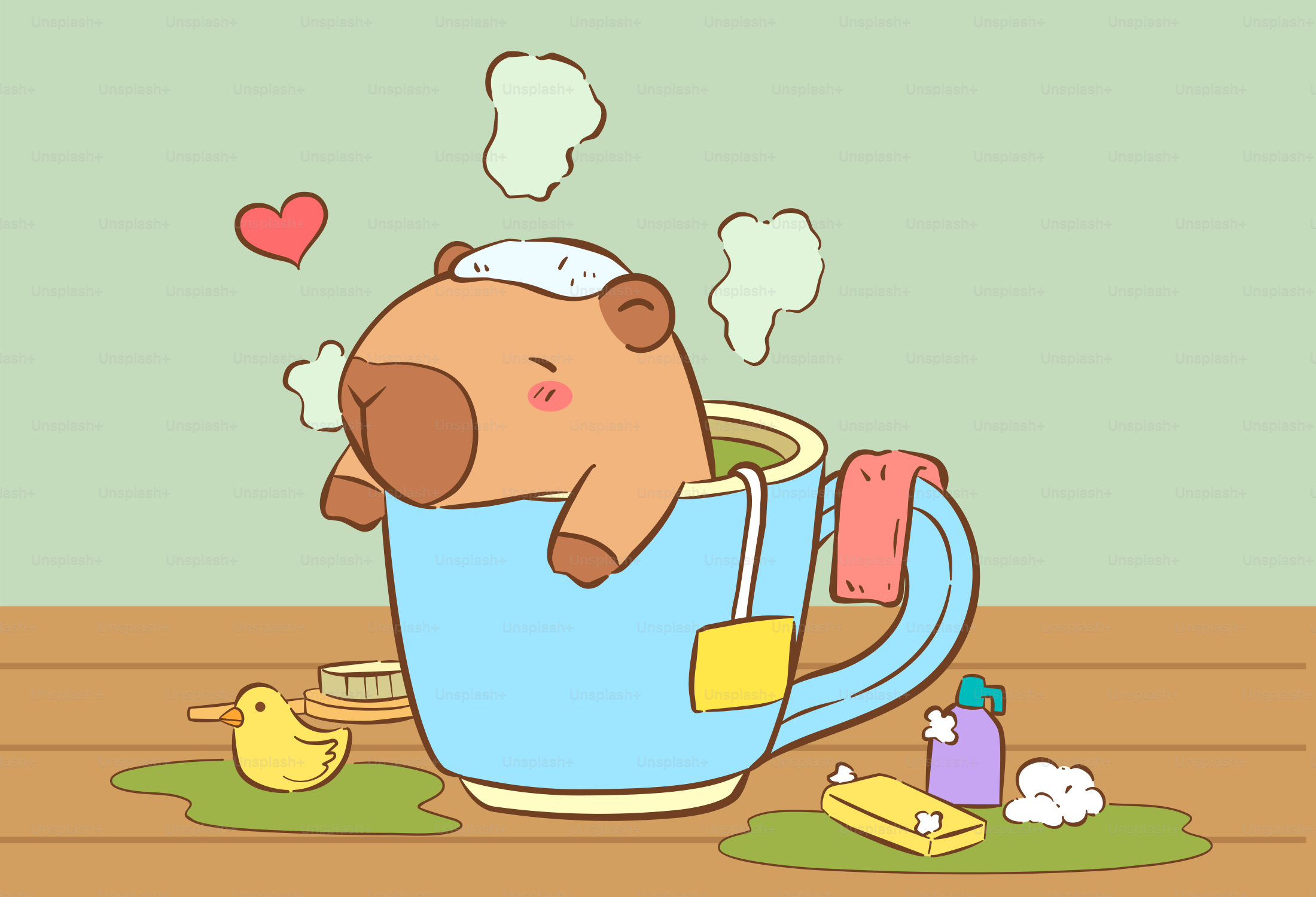 A capybara takes a relaxing tea bath.