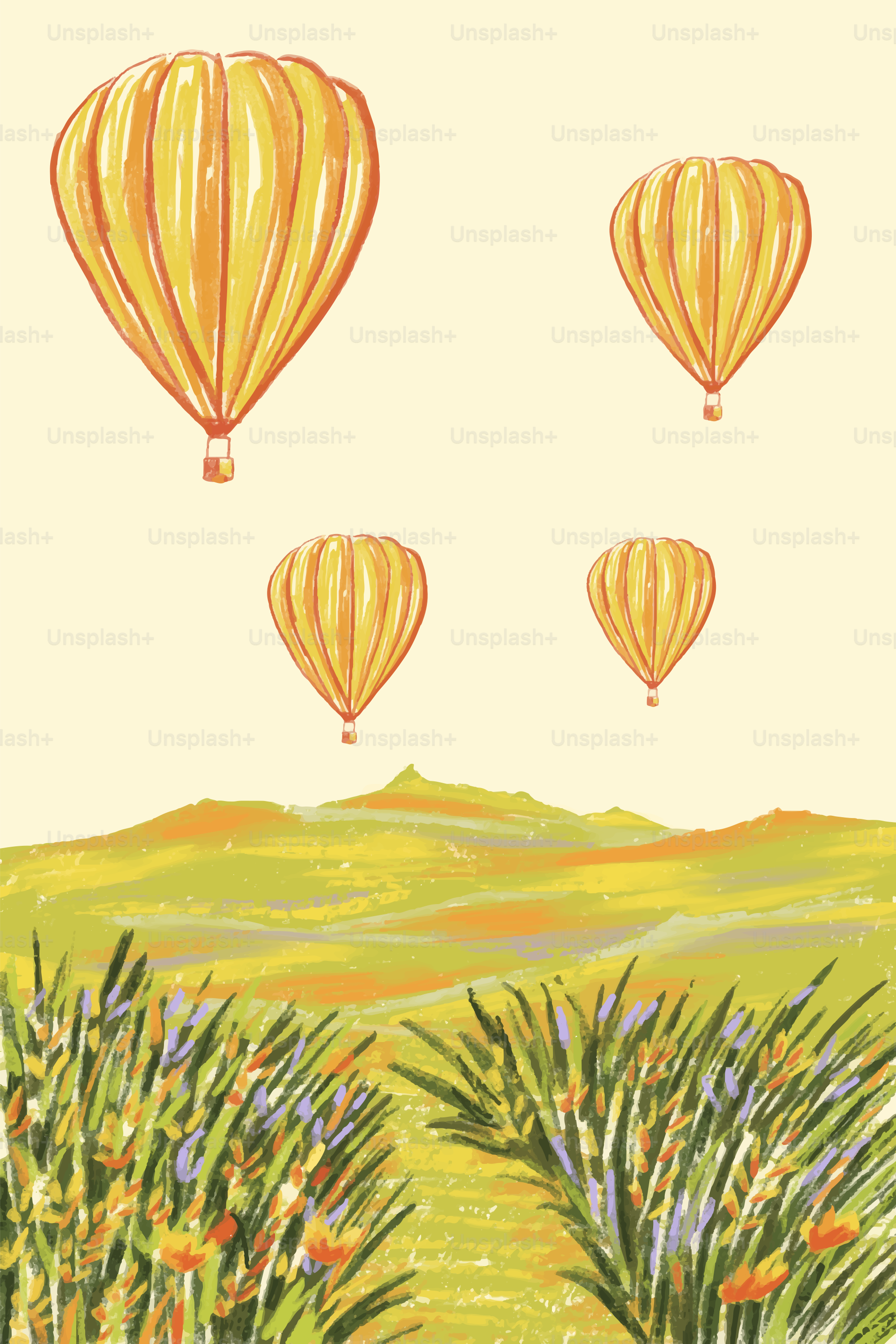 Hot air balloons soar over a green landscape.