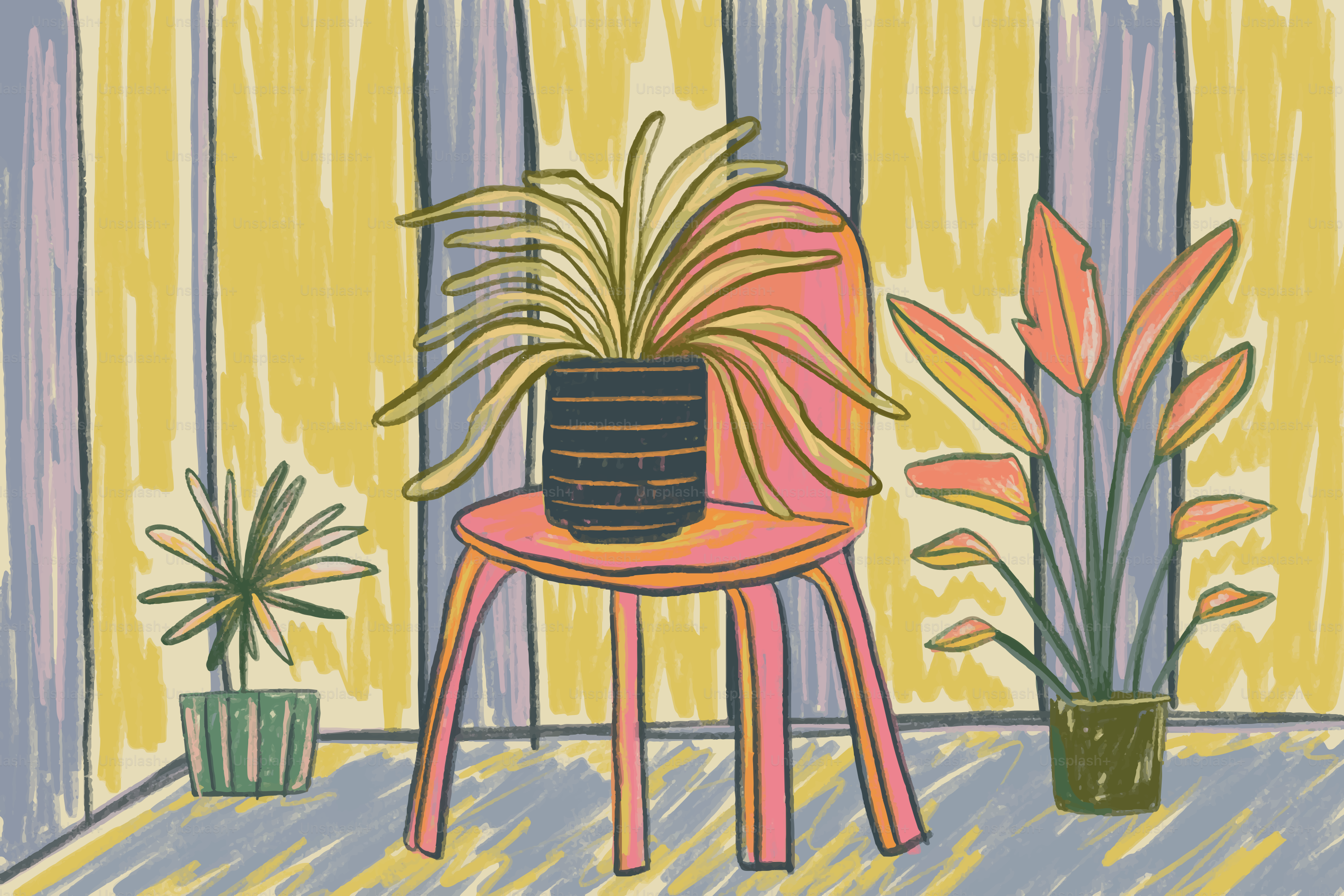 Des plantes sont exposées sur une chaise dans une pièce.