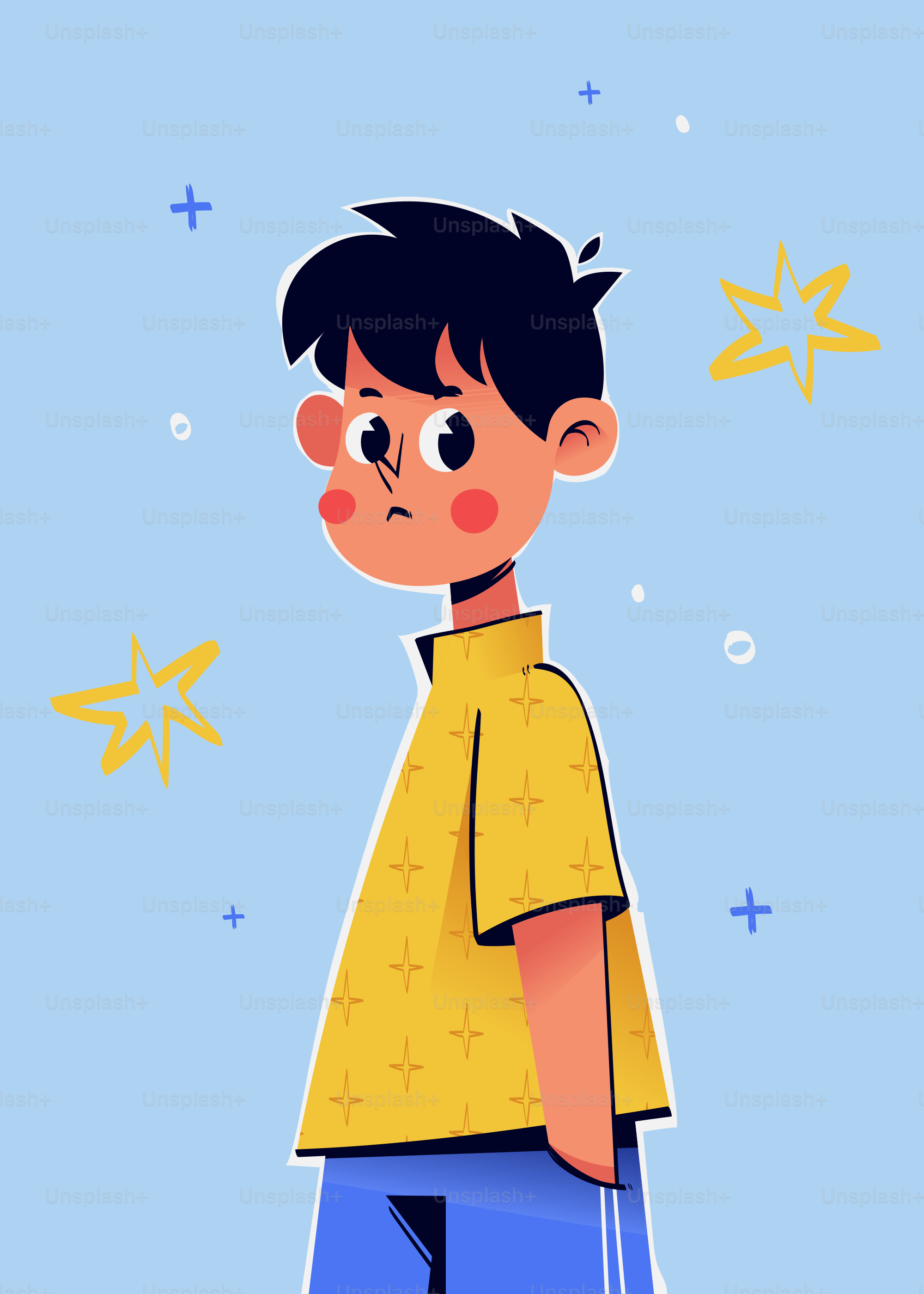 Un ragazzo dei cartoni animati si trova su uno sfondo azzurro.
