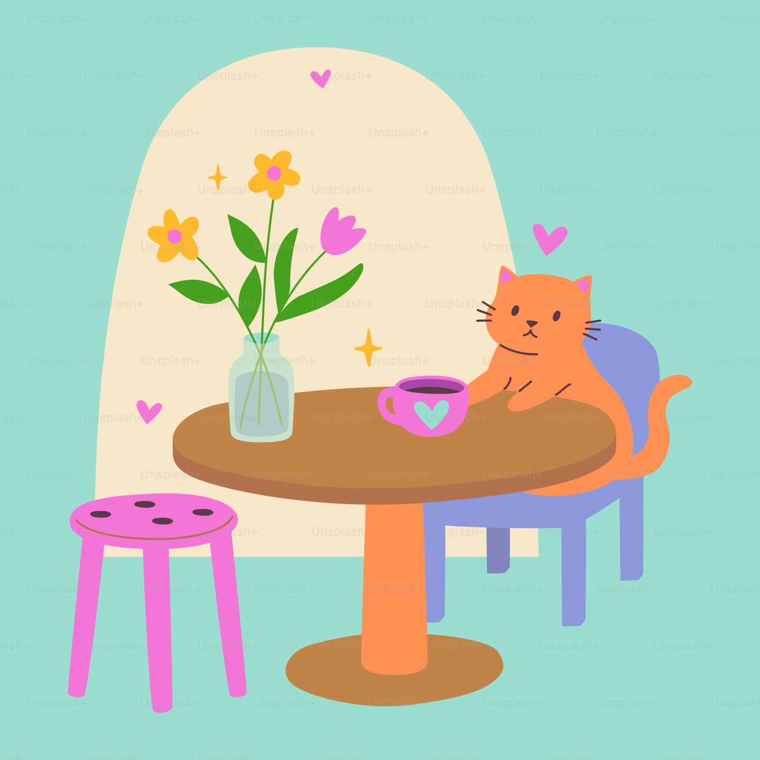 Un chat chaleureux prend le thé à une charmante table.