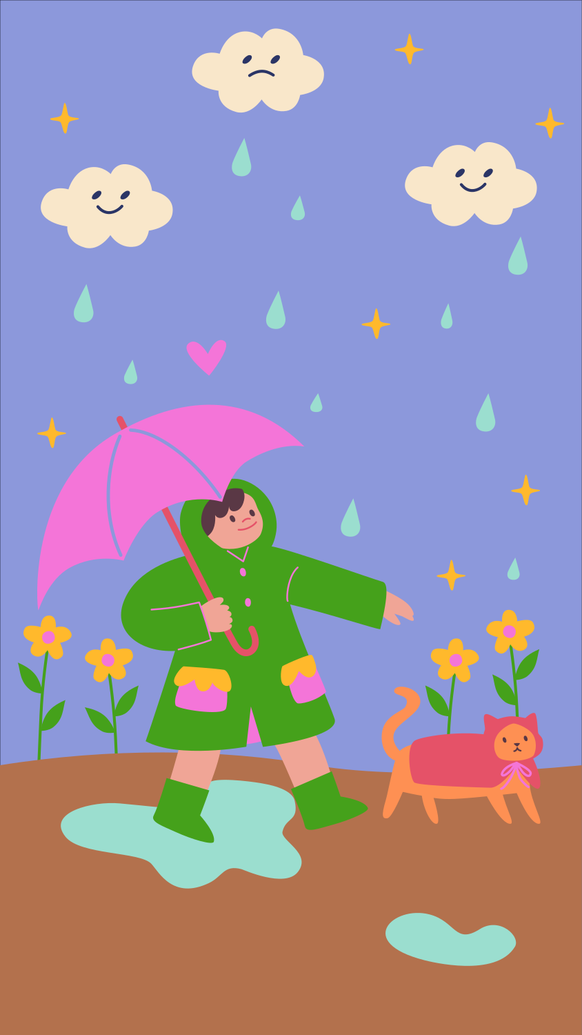 A child and cat enjoy a rainy day.