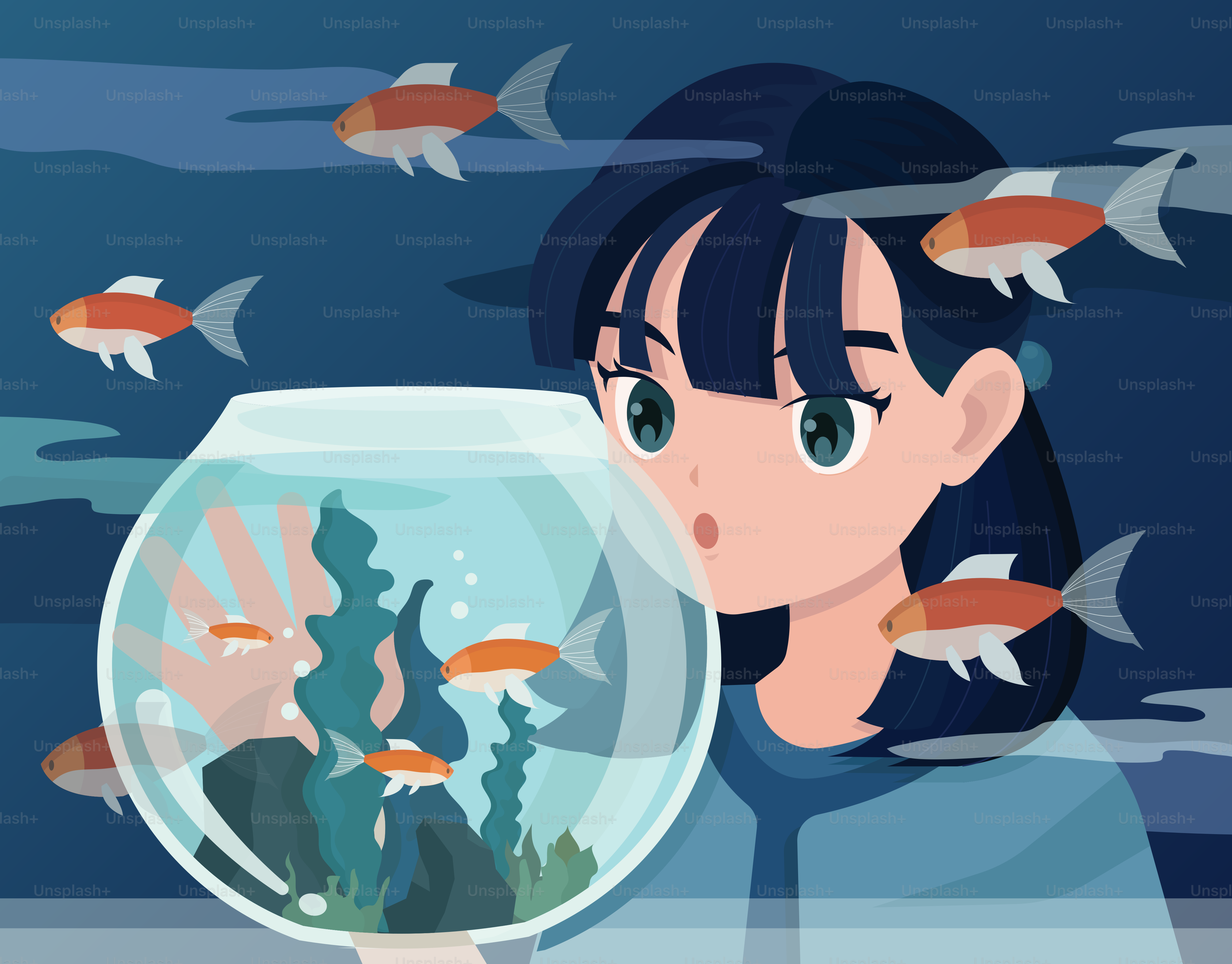 Una niña admira a peces nadando en una pecera.