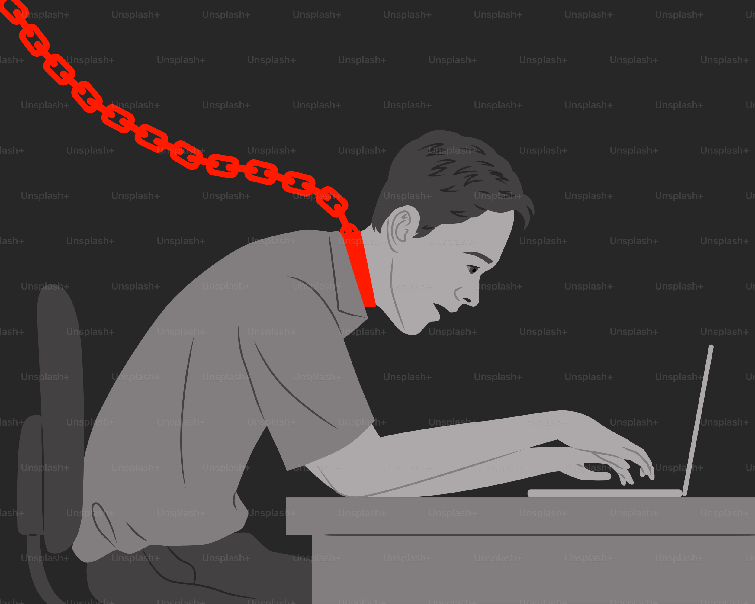 A man is chained to his computer, in a slump.