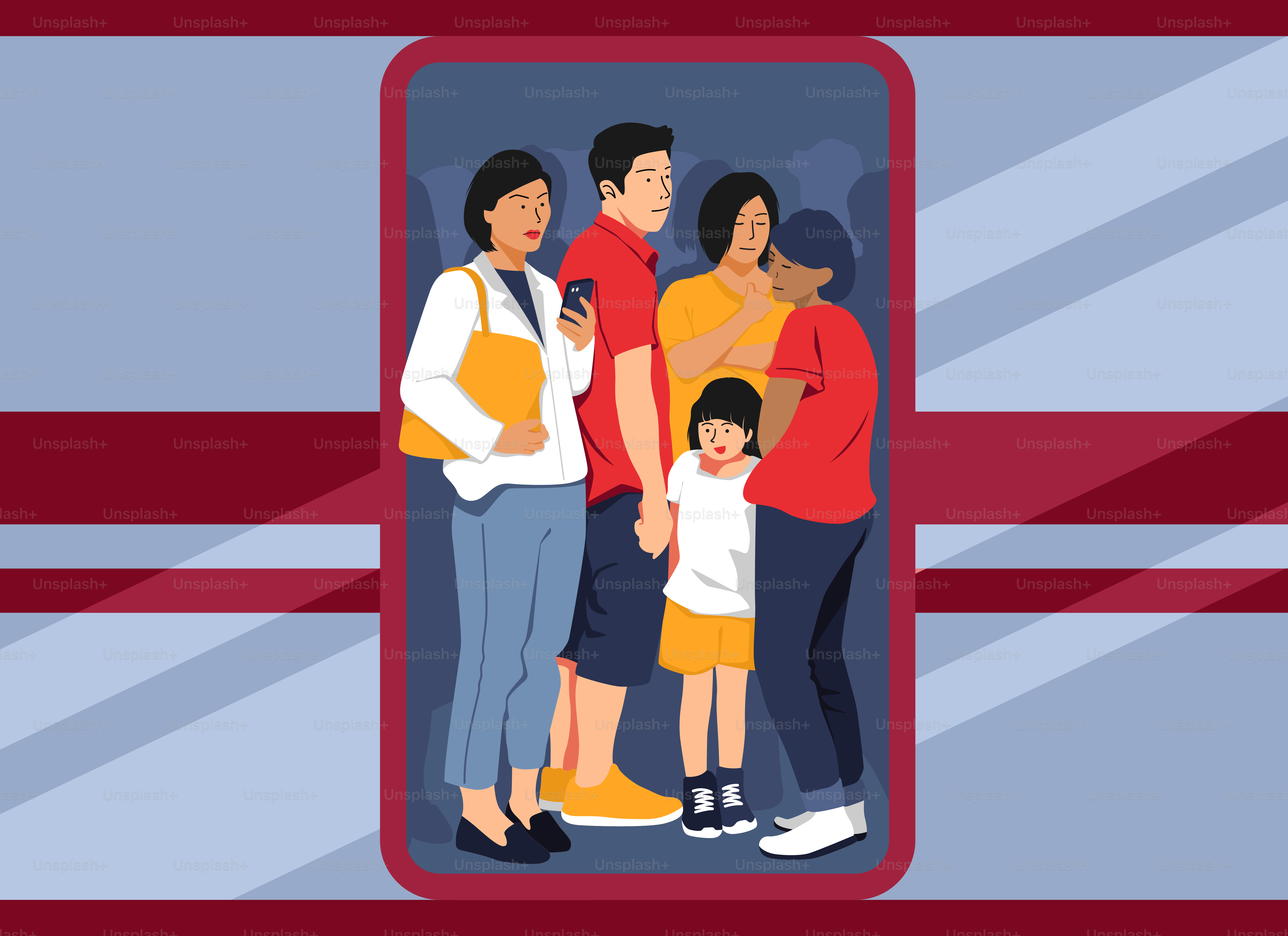 People stand close together inside a rectangular frame.