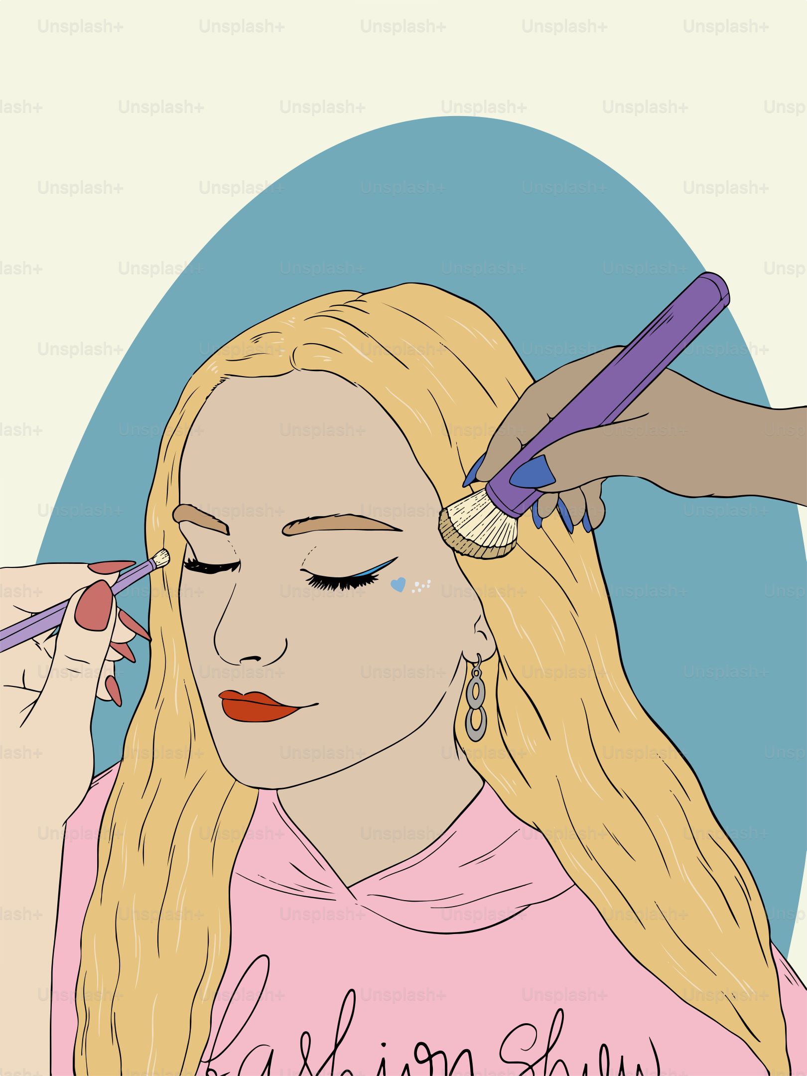 Makeup artists are applying makeup to a model.