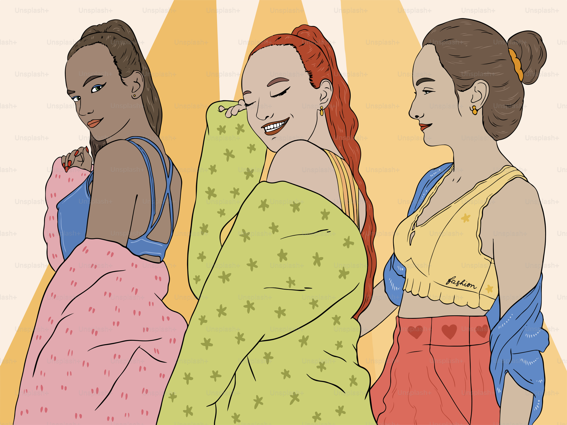 Three women show off their outfits with confidence.