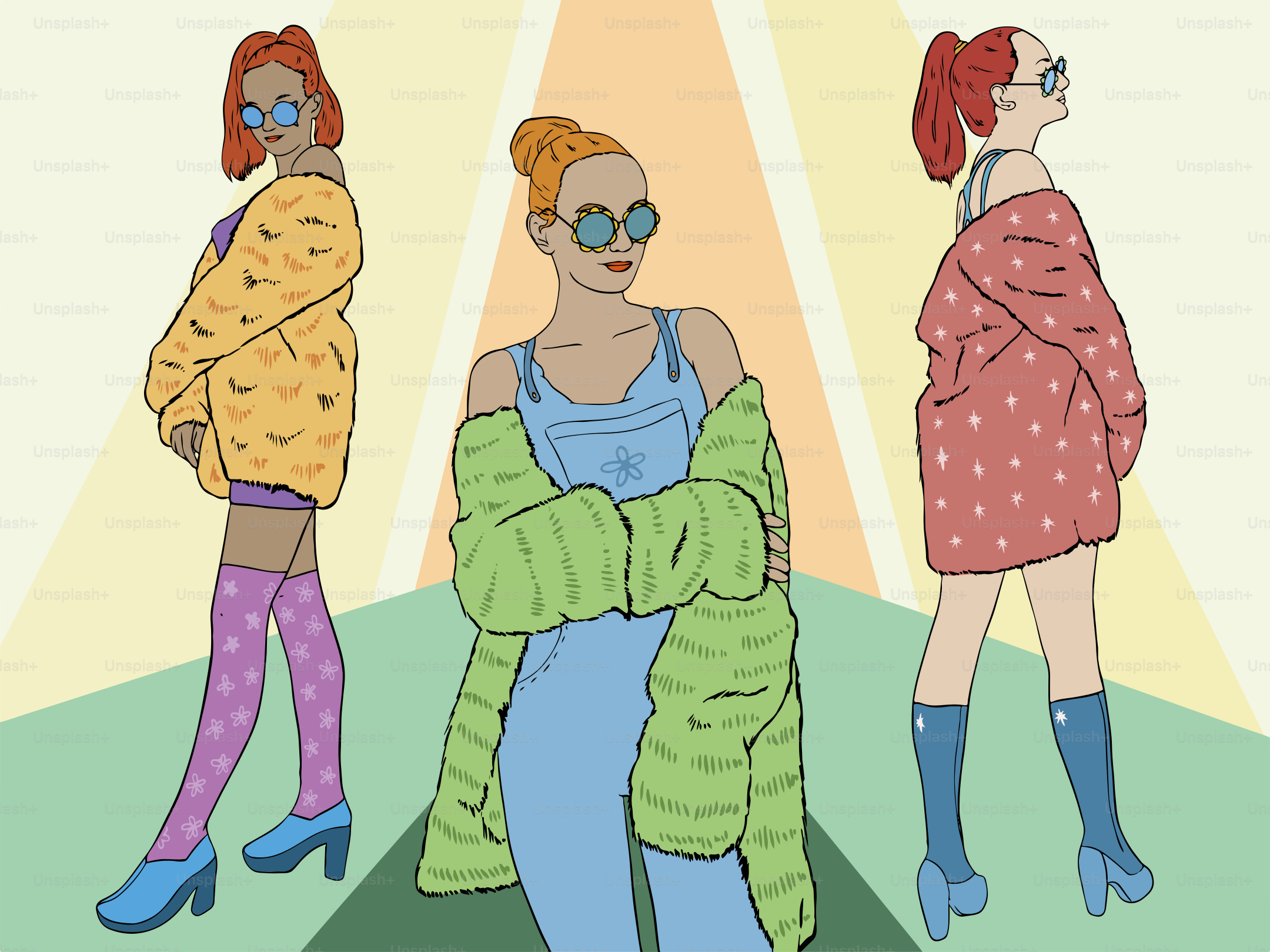 Three women are fashionably posed in a colorful illustration.