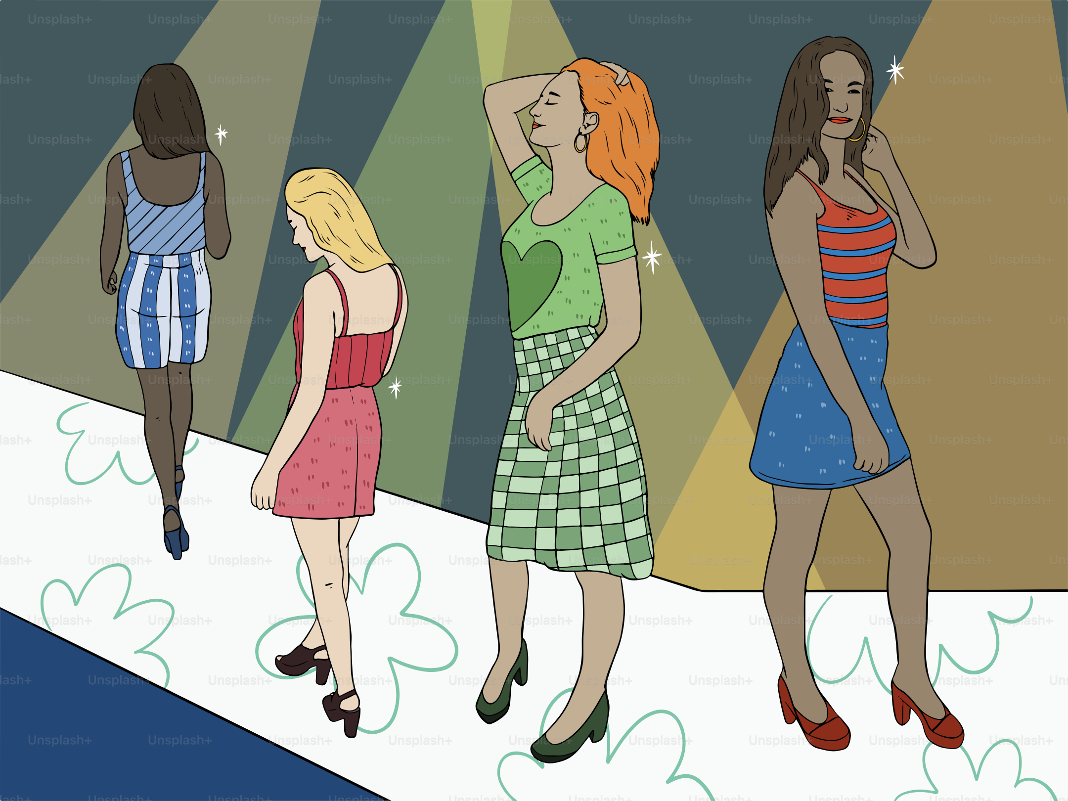 Models walk a runway showing off different outfits.