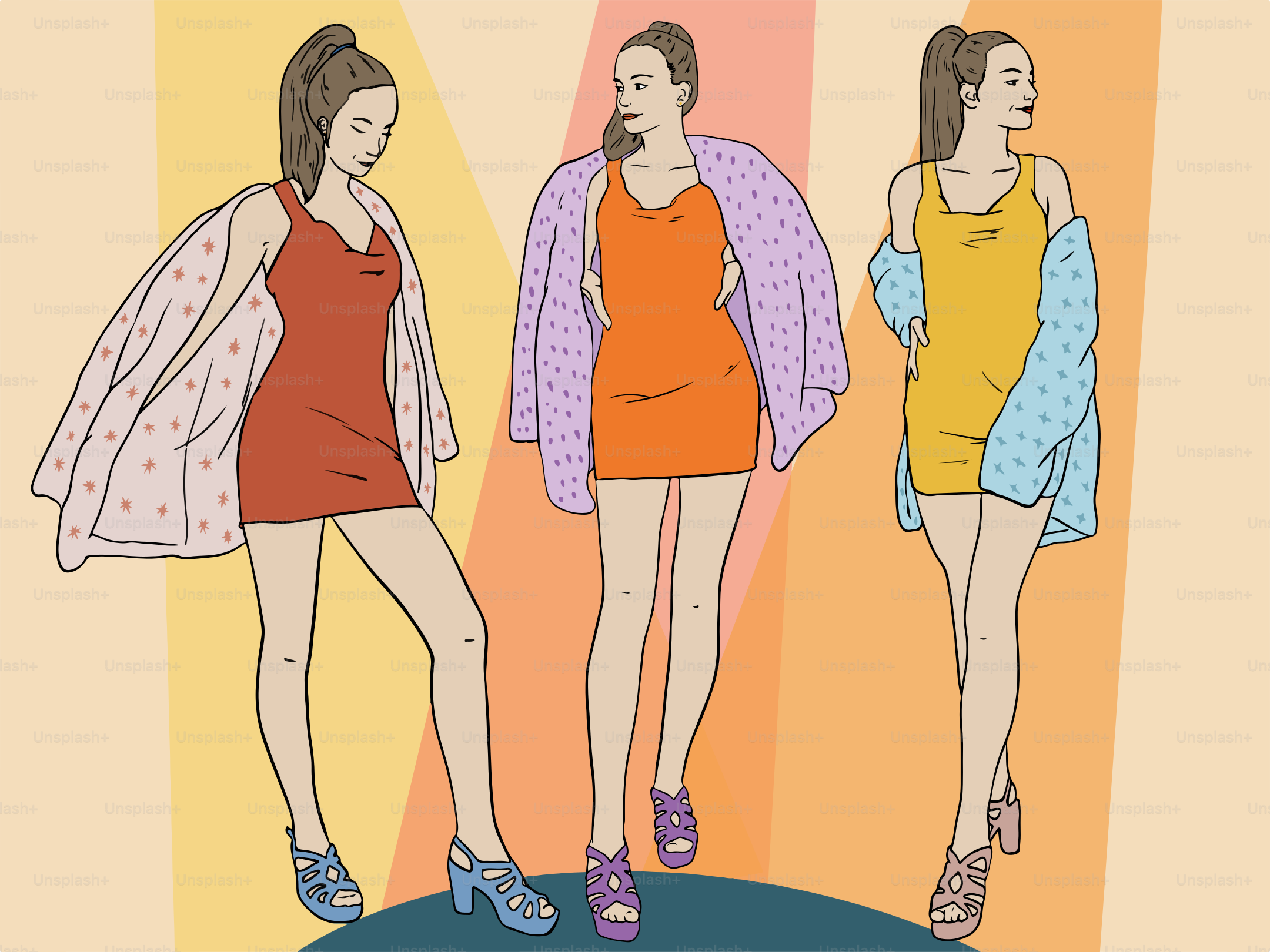 Three women pose in colorful dresses and cardigans.