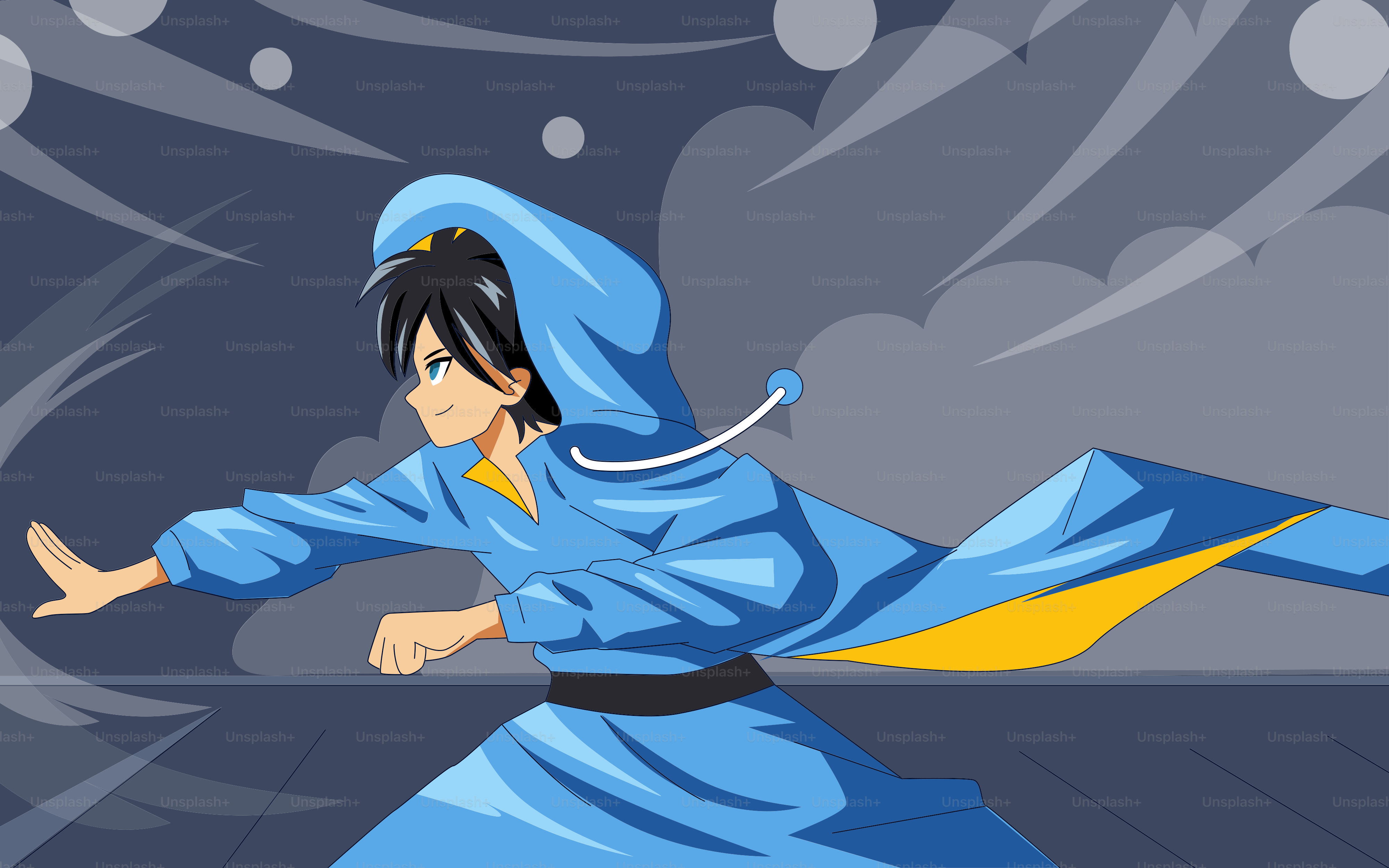 A ninja-like figure poses in the action.