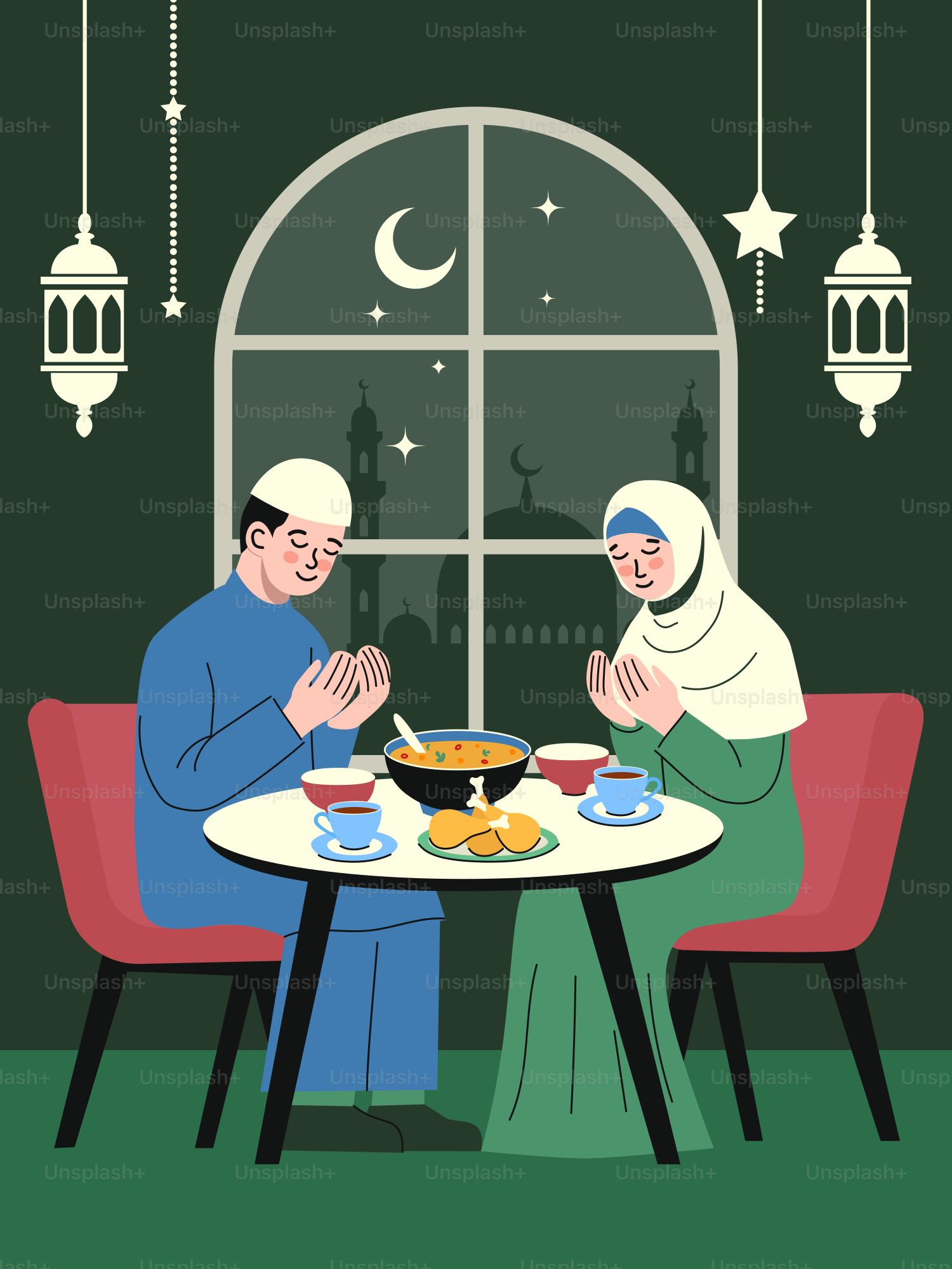 Muslim couple prays together before breaking fast.
