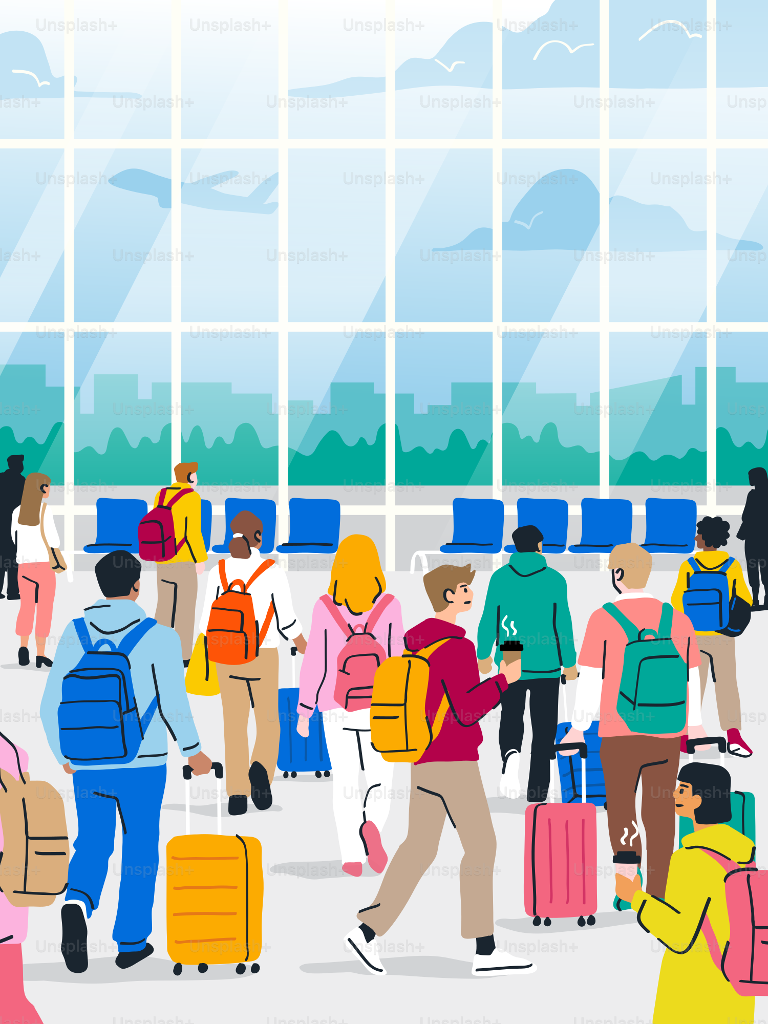 People are at an airport, ready to travel.