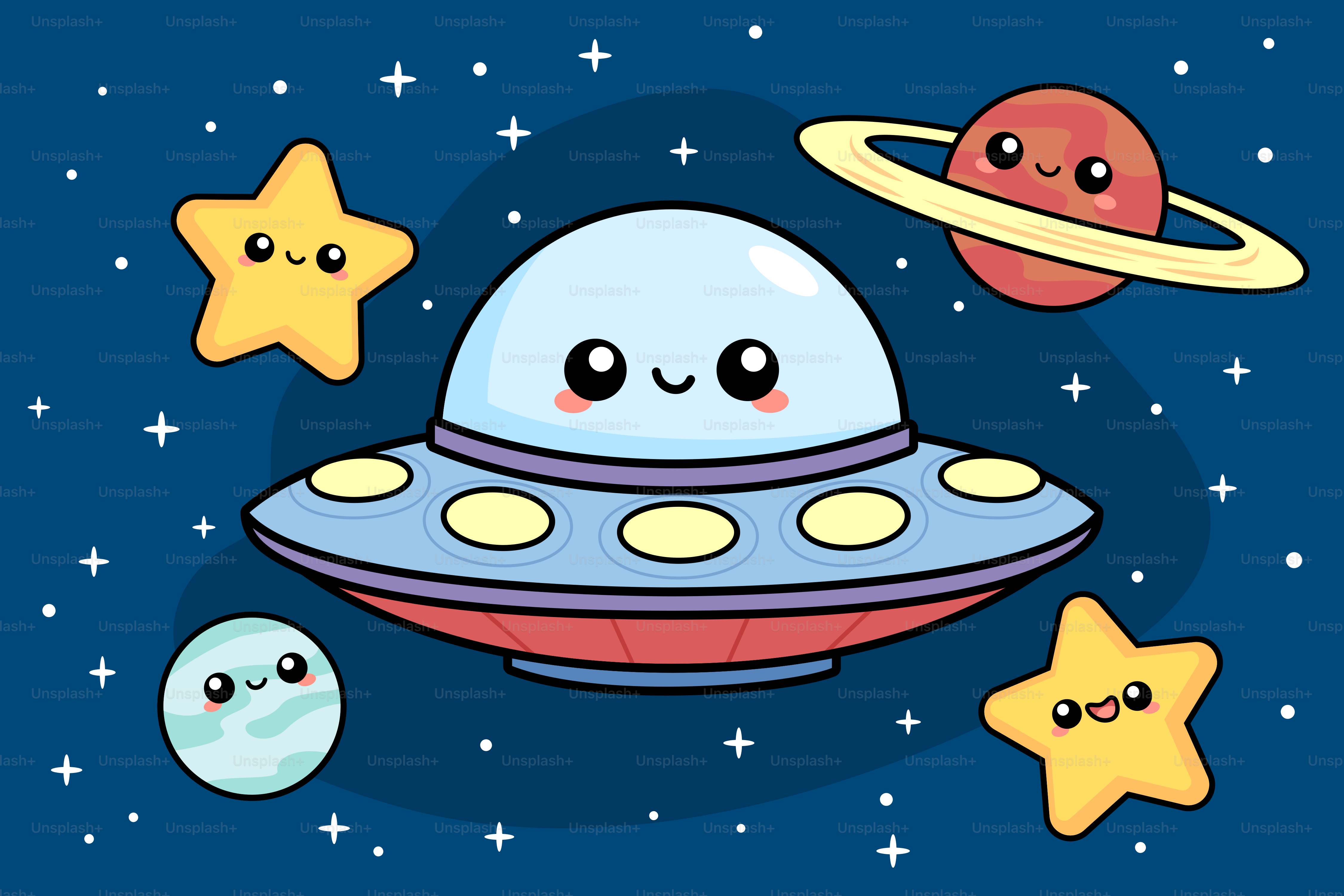 Adorable alien spaceship and celestial bodies in space.