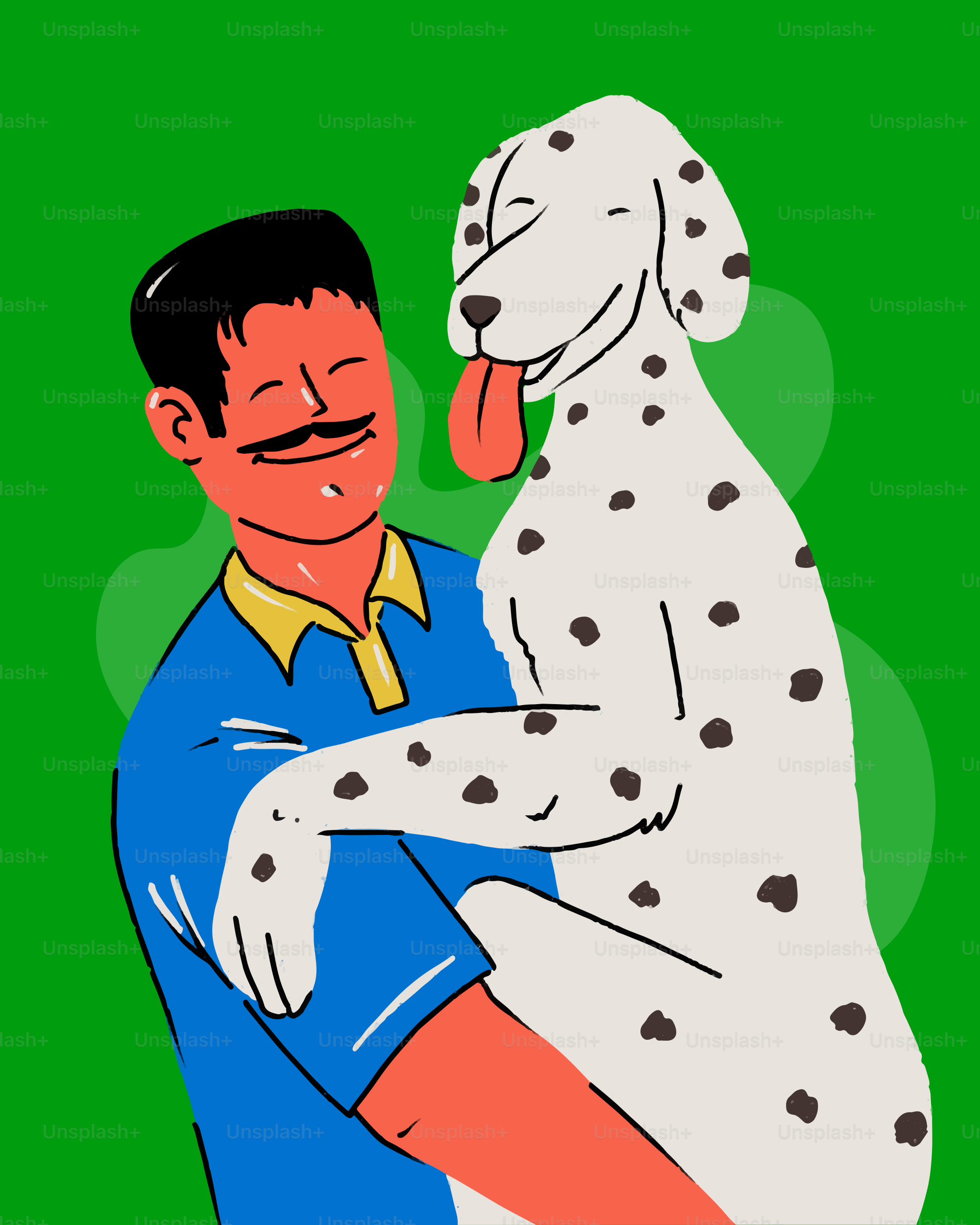 Man lovingly hugs a dalmatian dog.
