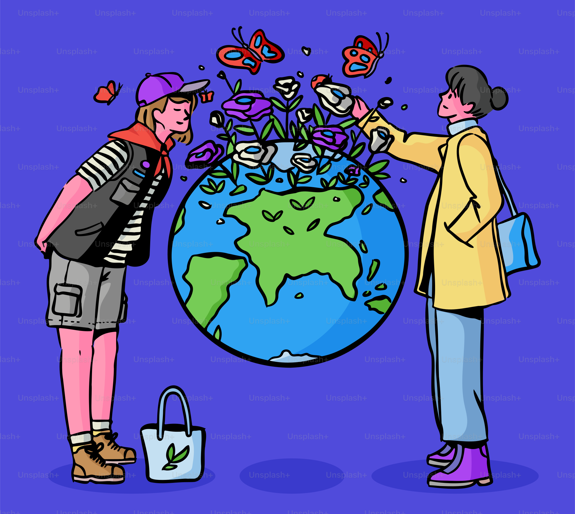 Le persone aiutano la terra a far crescere fiori e farfalle.