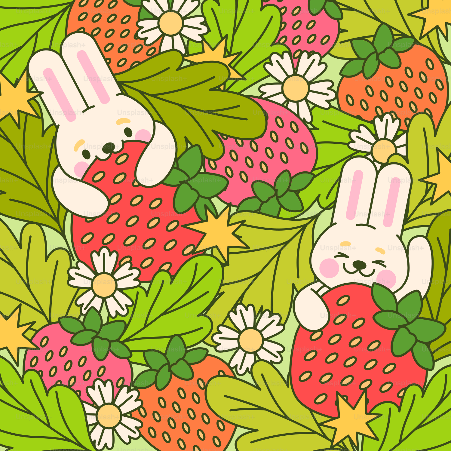 Bunnies happily gather around large strawberries.