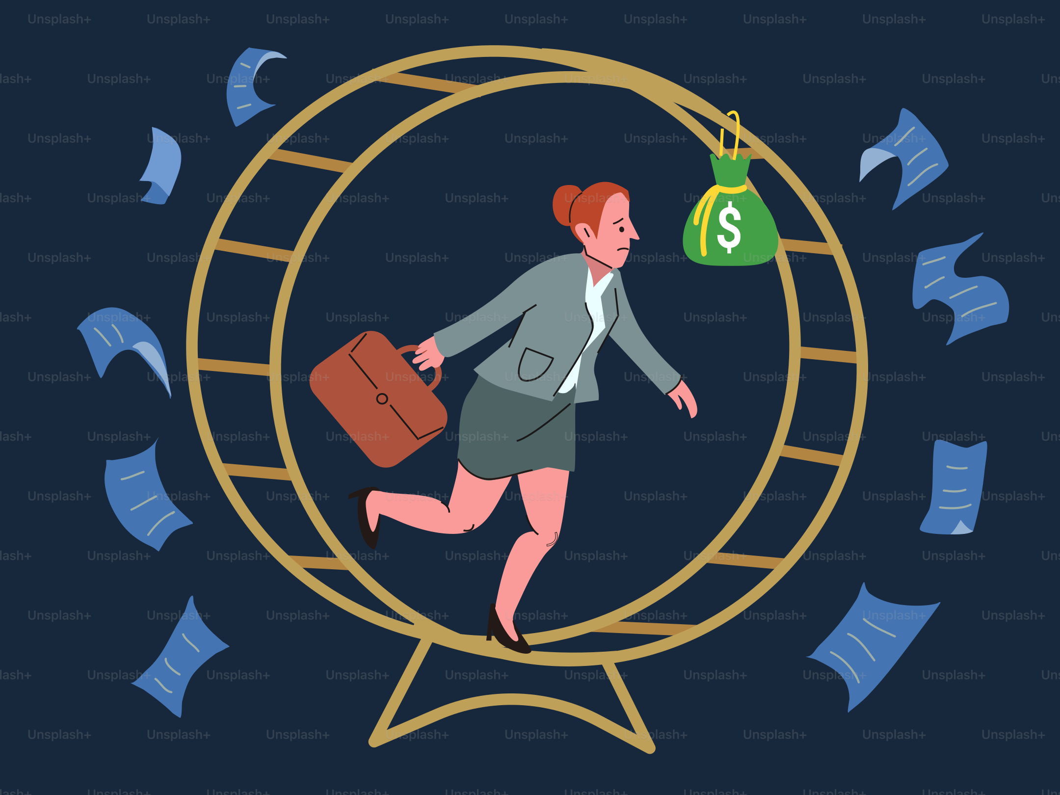 Woman in hamster wheel chasing a money bag.