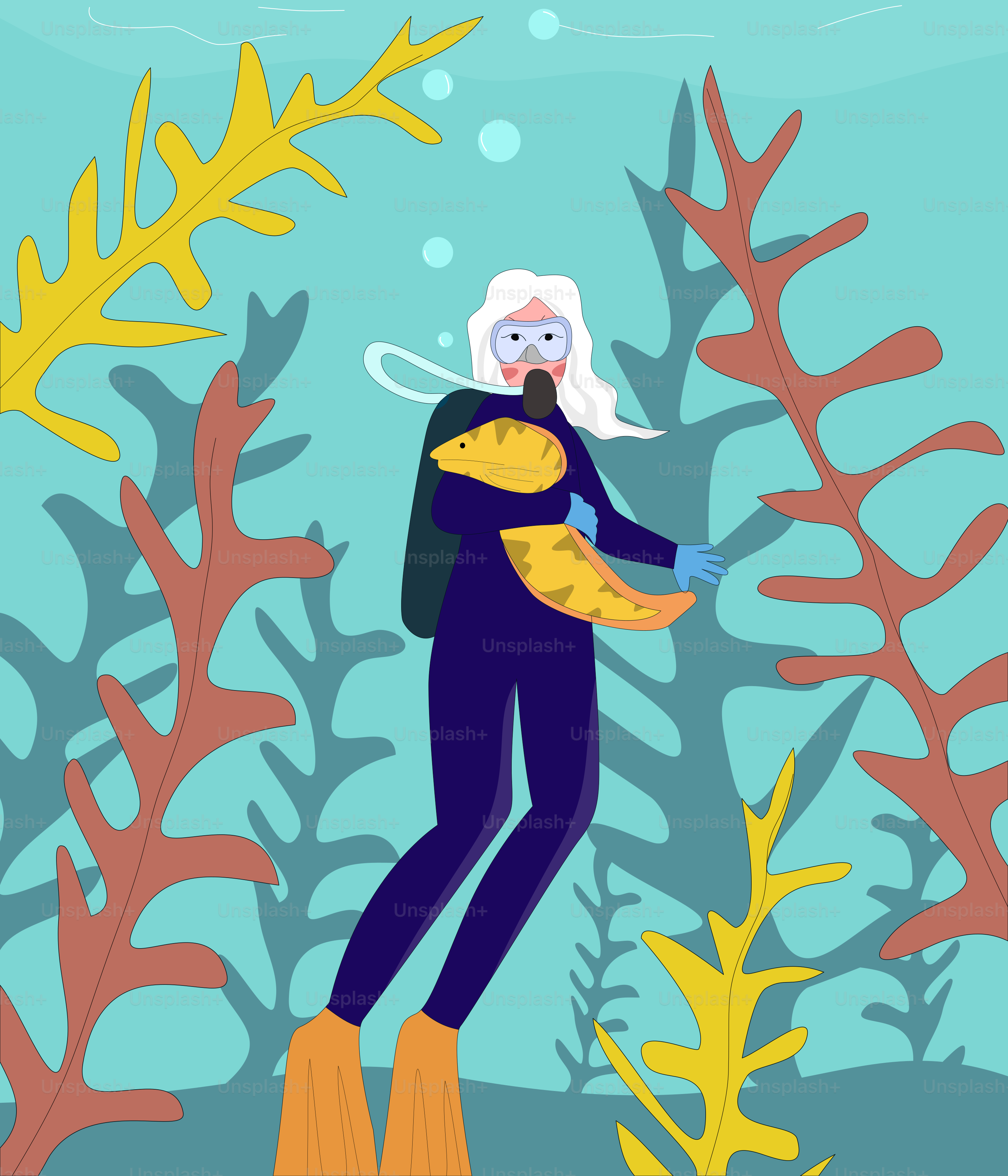 A diver explores underwater with a starfish.