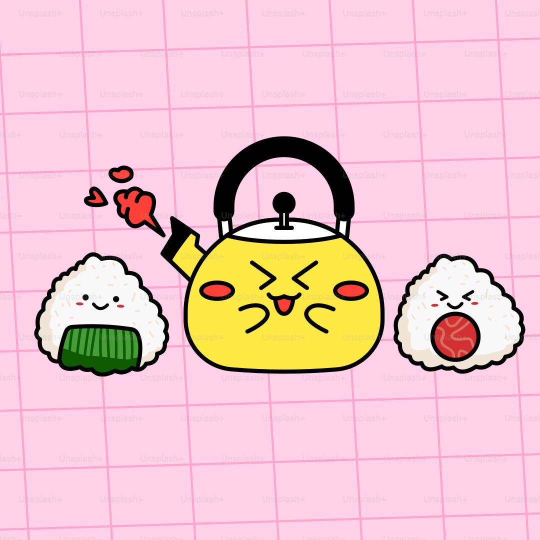 Los onigiris adorables están junto a una tetera feliz.