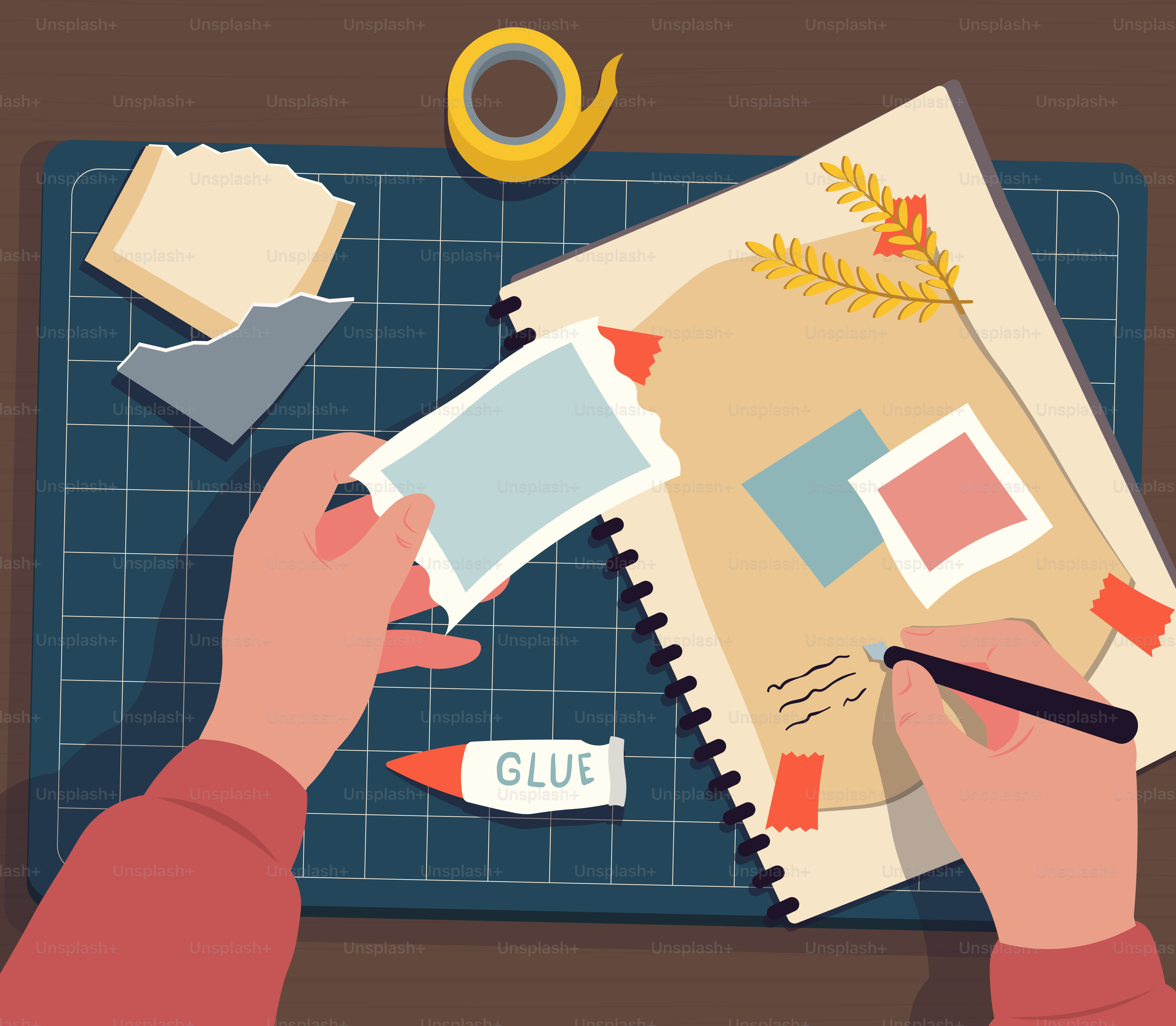 Someone is working on a scrapbook.