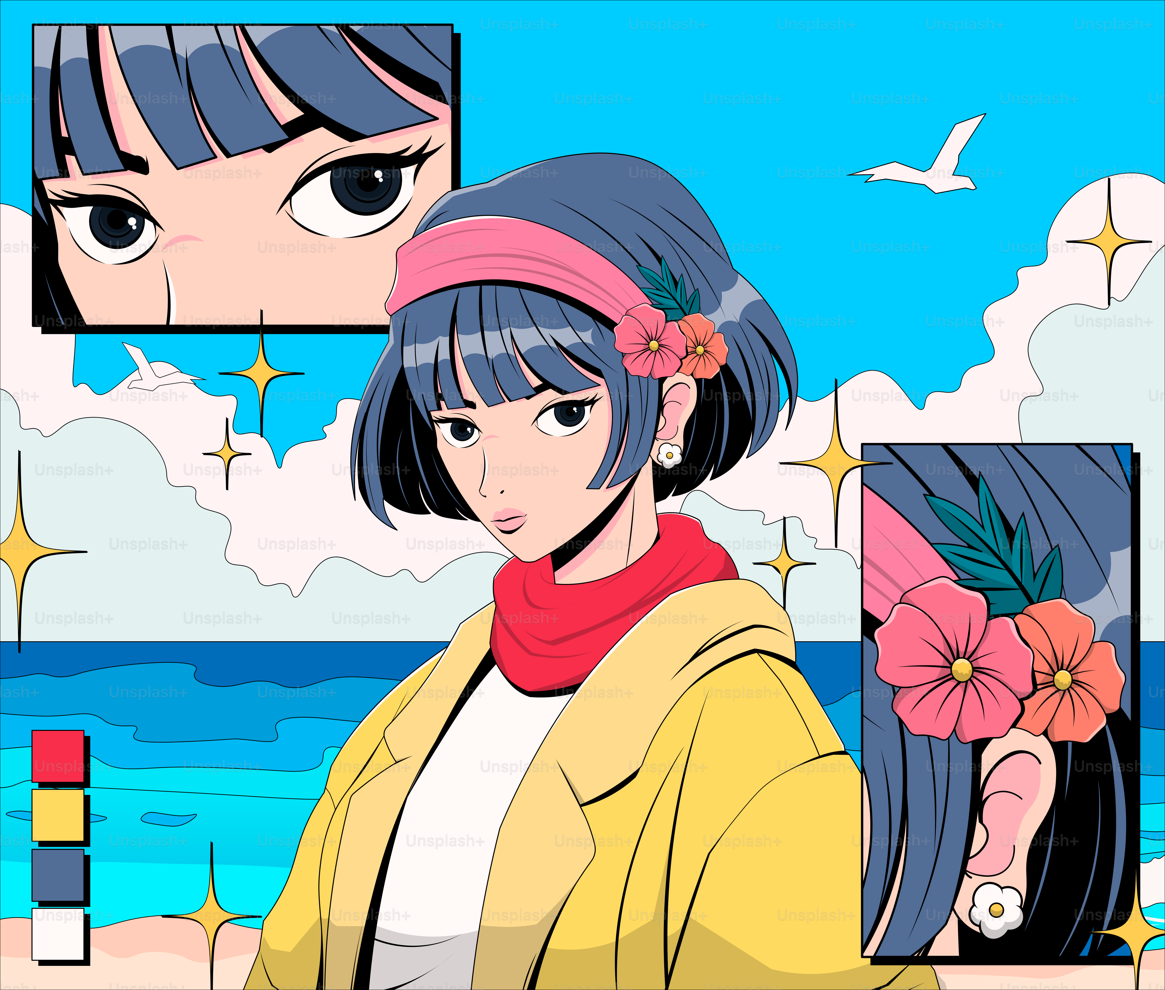 A stylish anime girl at the beach.