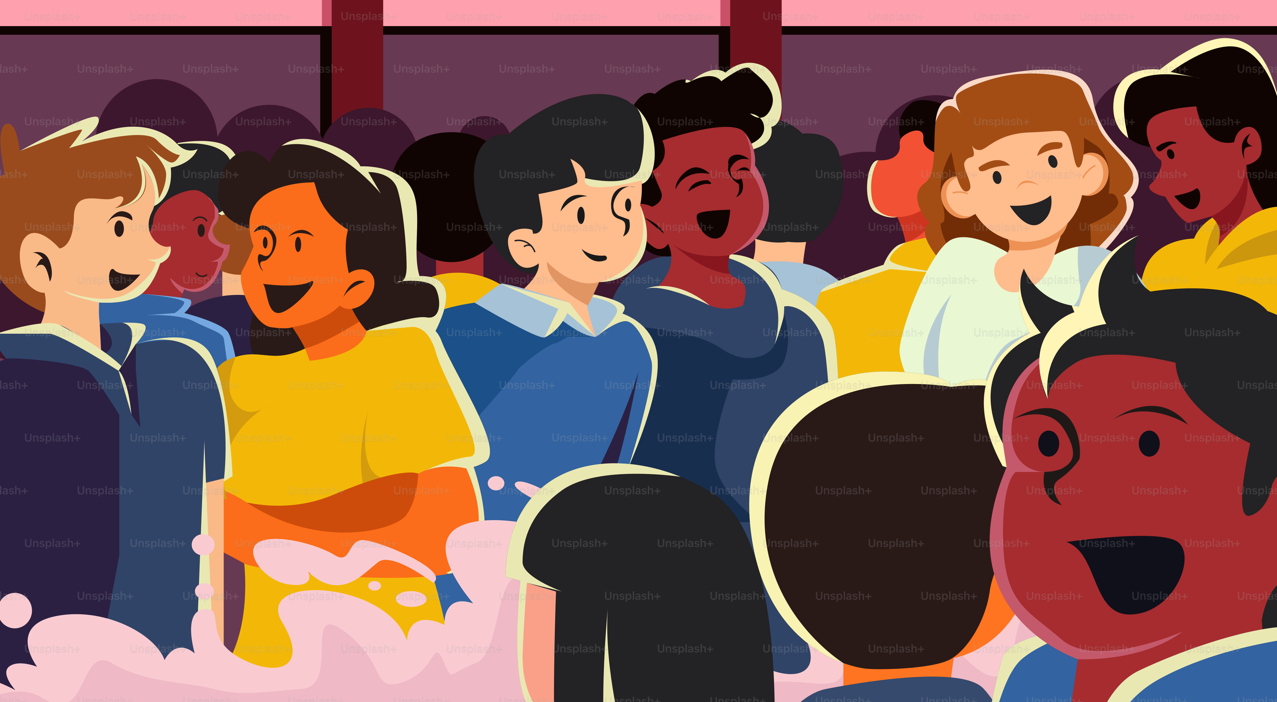 People are laughing together in a cheerful crowd.