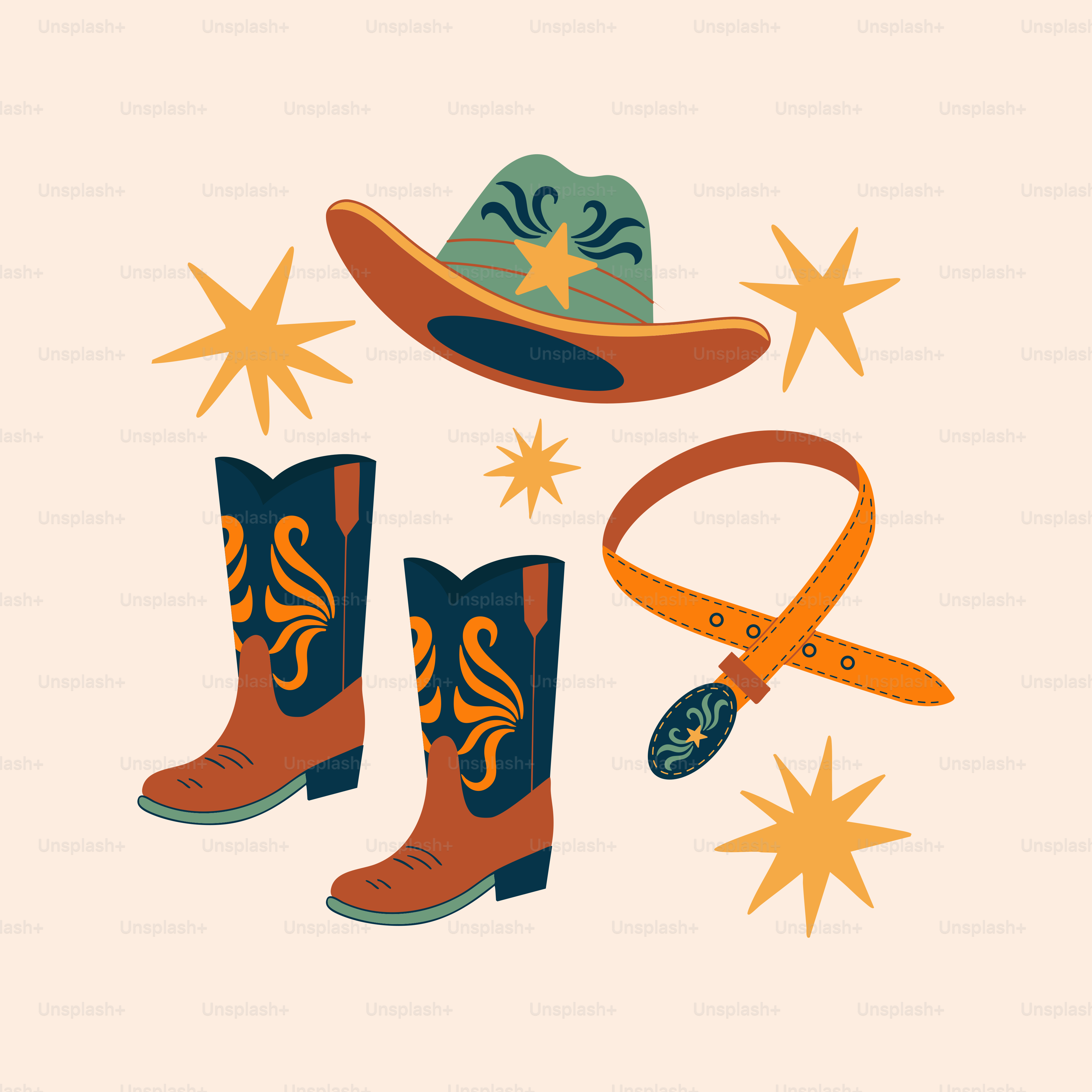 Cowboy hat, boots, and belt with stars.