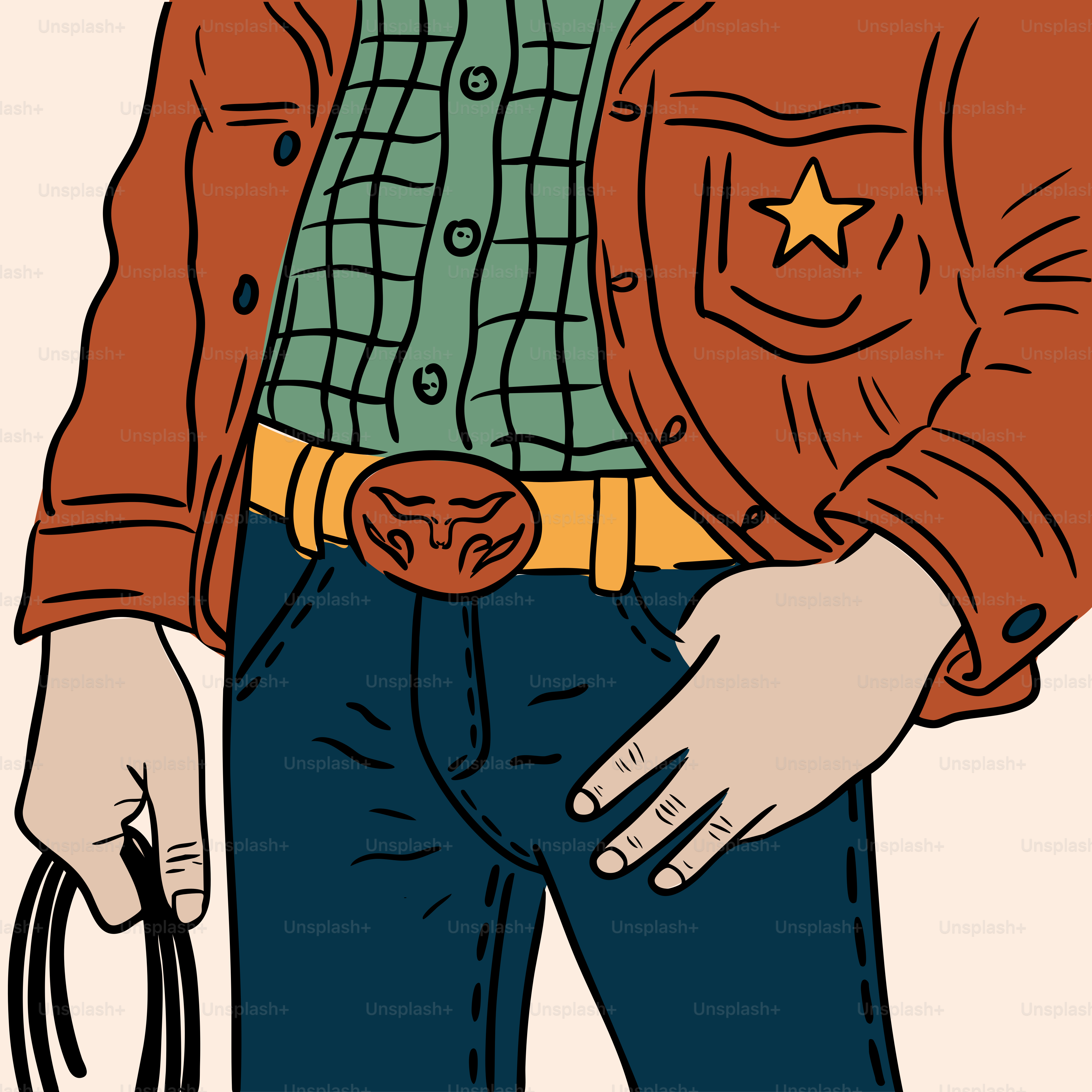 A cowboy shows off their sheriff's badge.