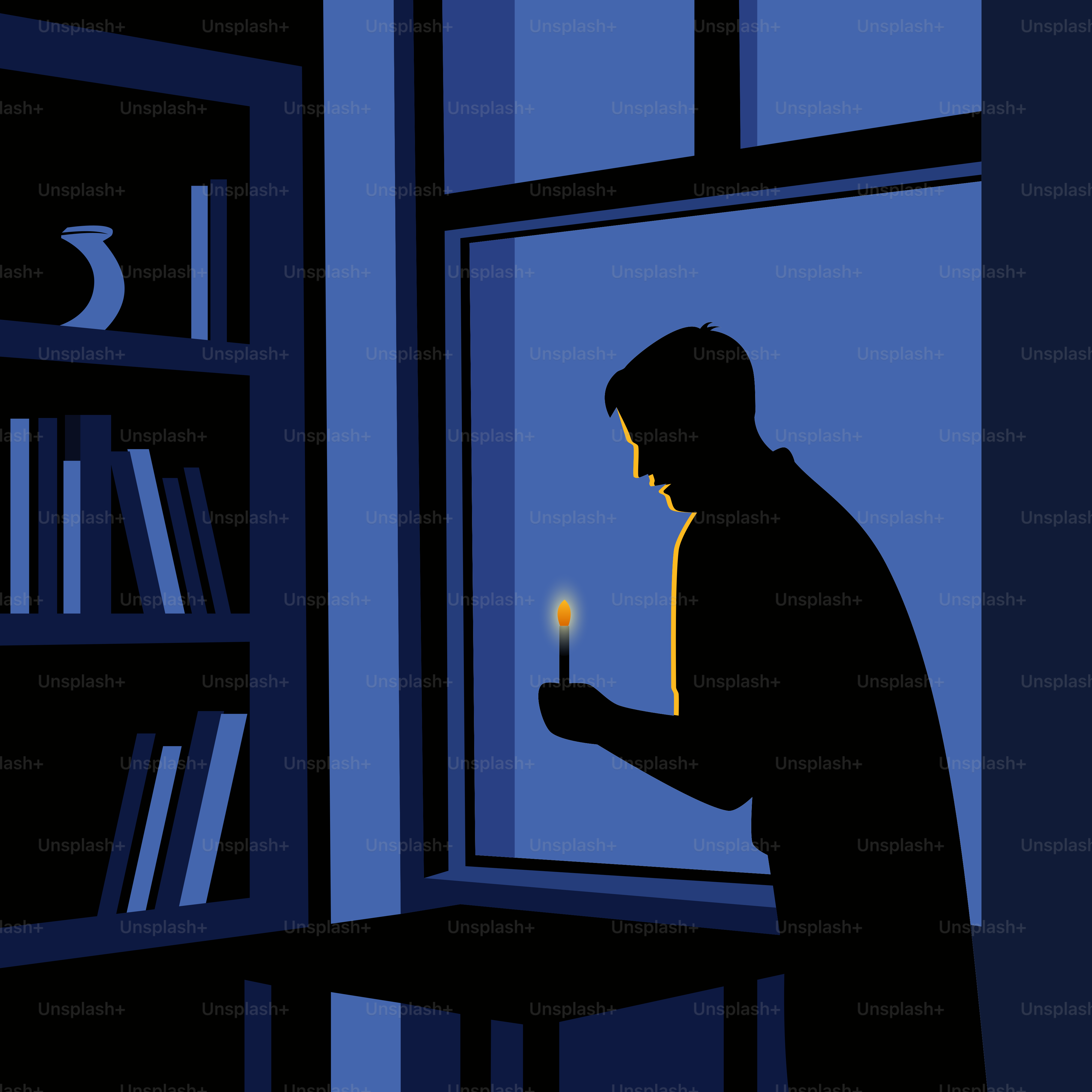 Man lights a candle in a darkened room.