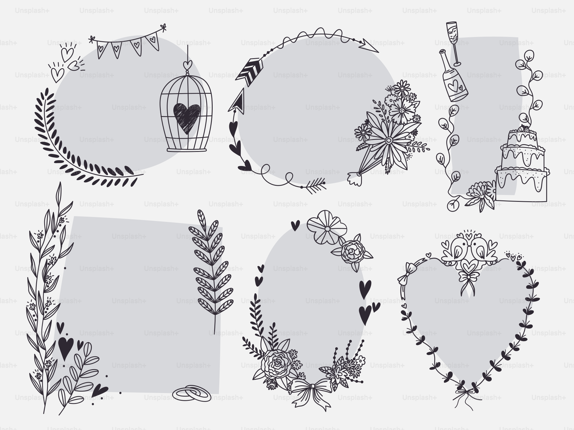 Cadres décoratifs avec des éléments floraux et en forme de cœur.