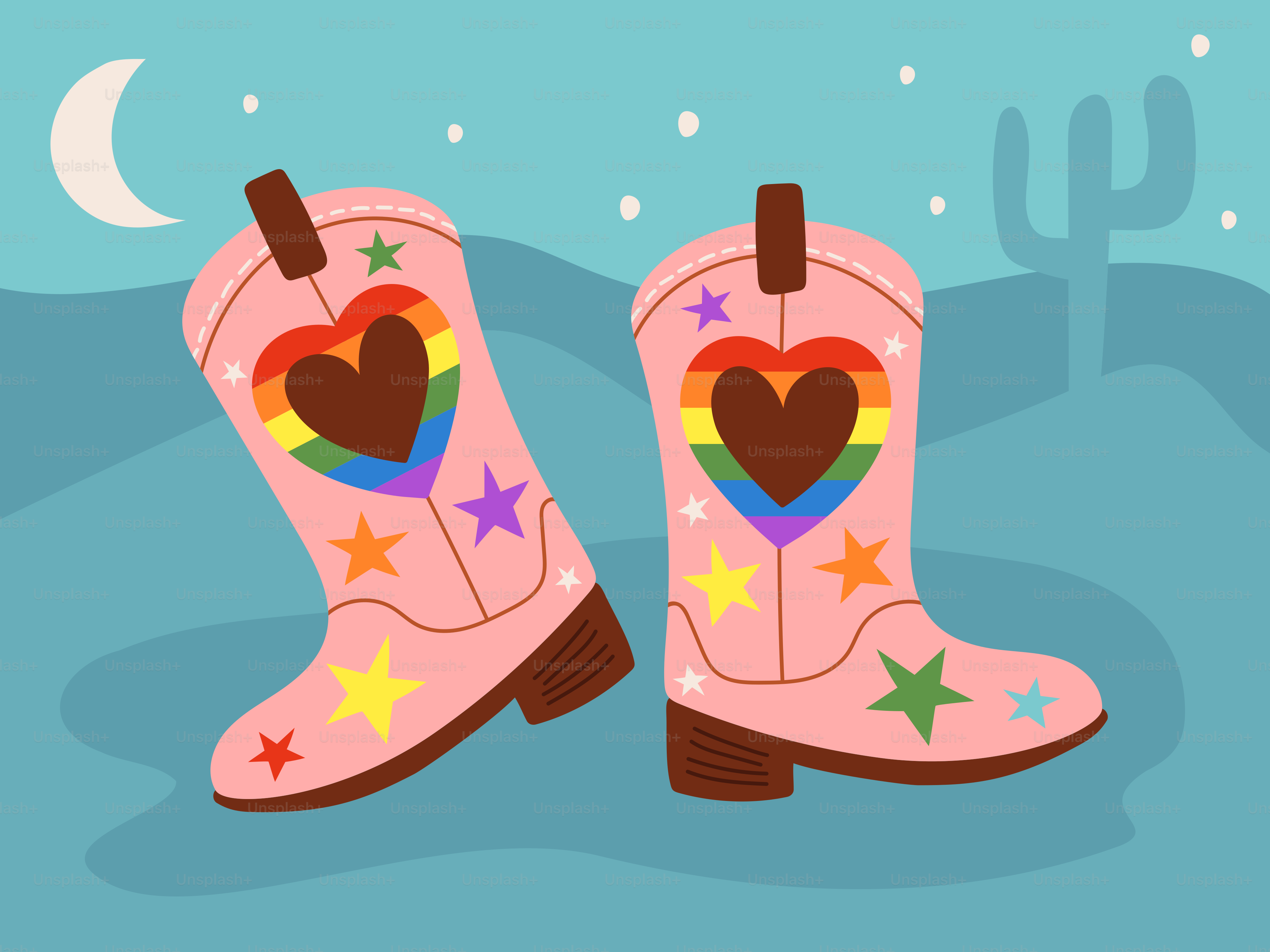 Bottes de cowboy roses avec un motif de cœur arc-en-ciel.