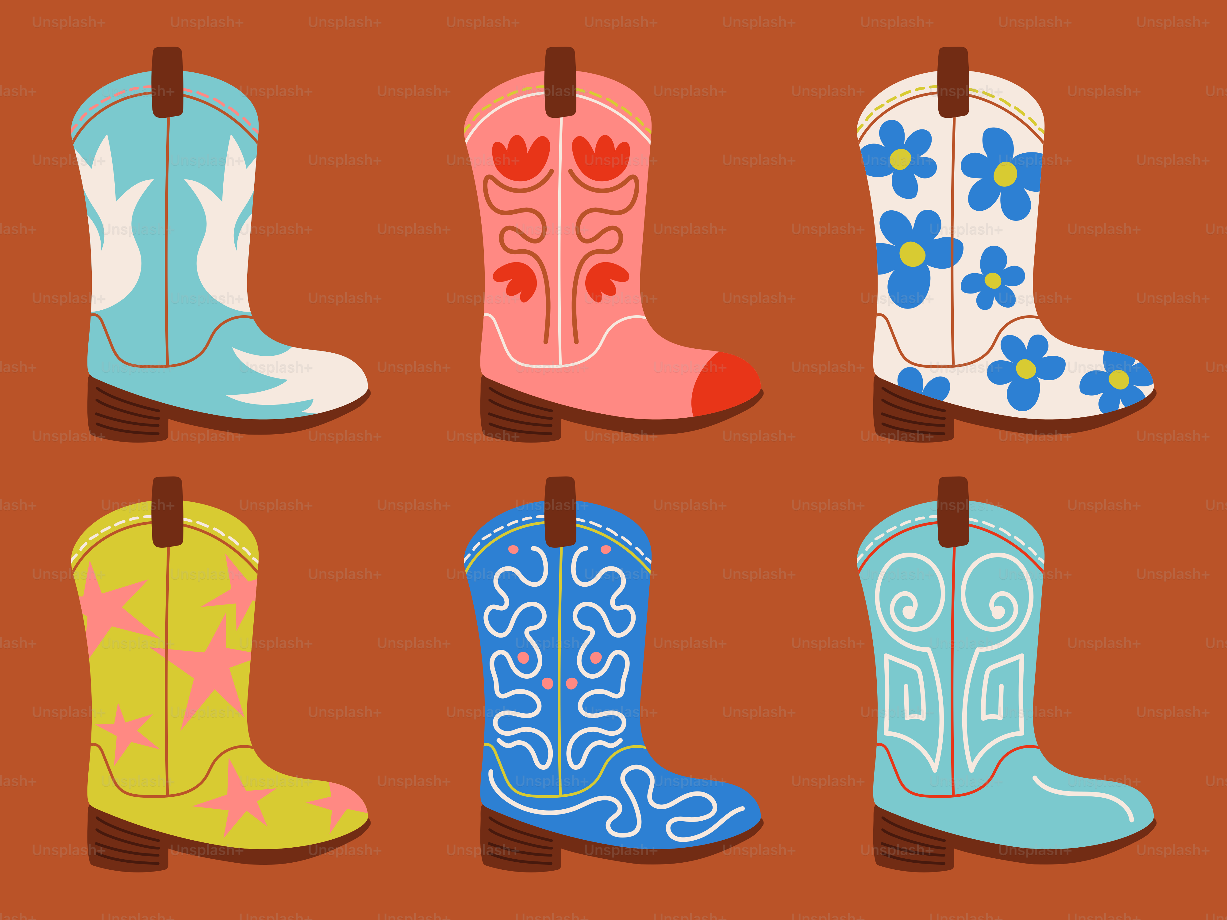Six colorful cowboy boots are displayed in a row.
