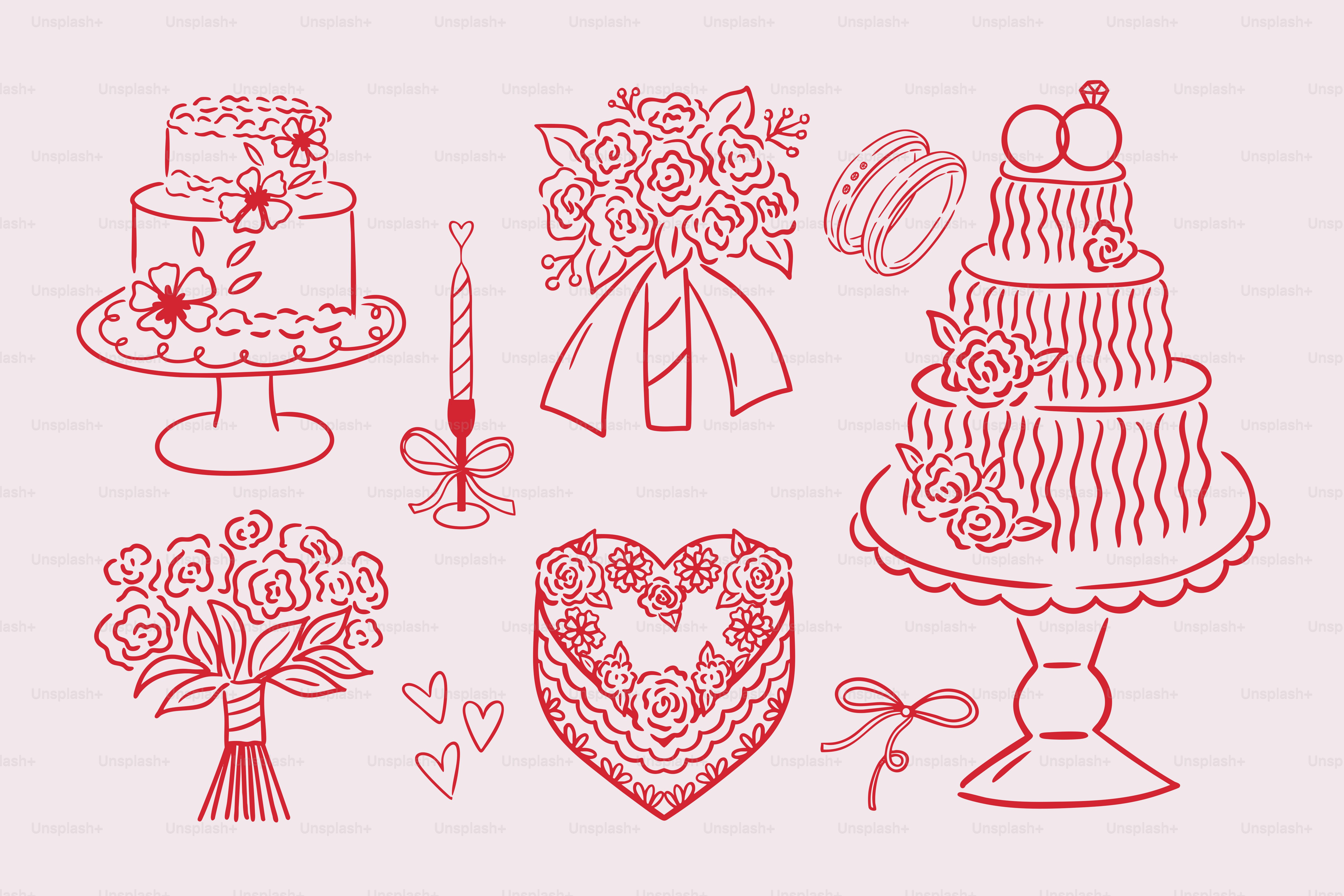 Les décorations de mariage incluent gâteaux, fleurs et bagues.