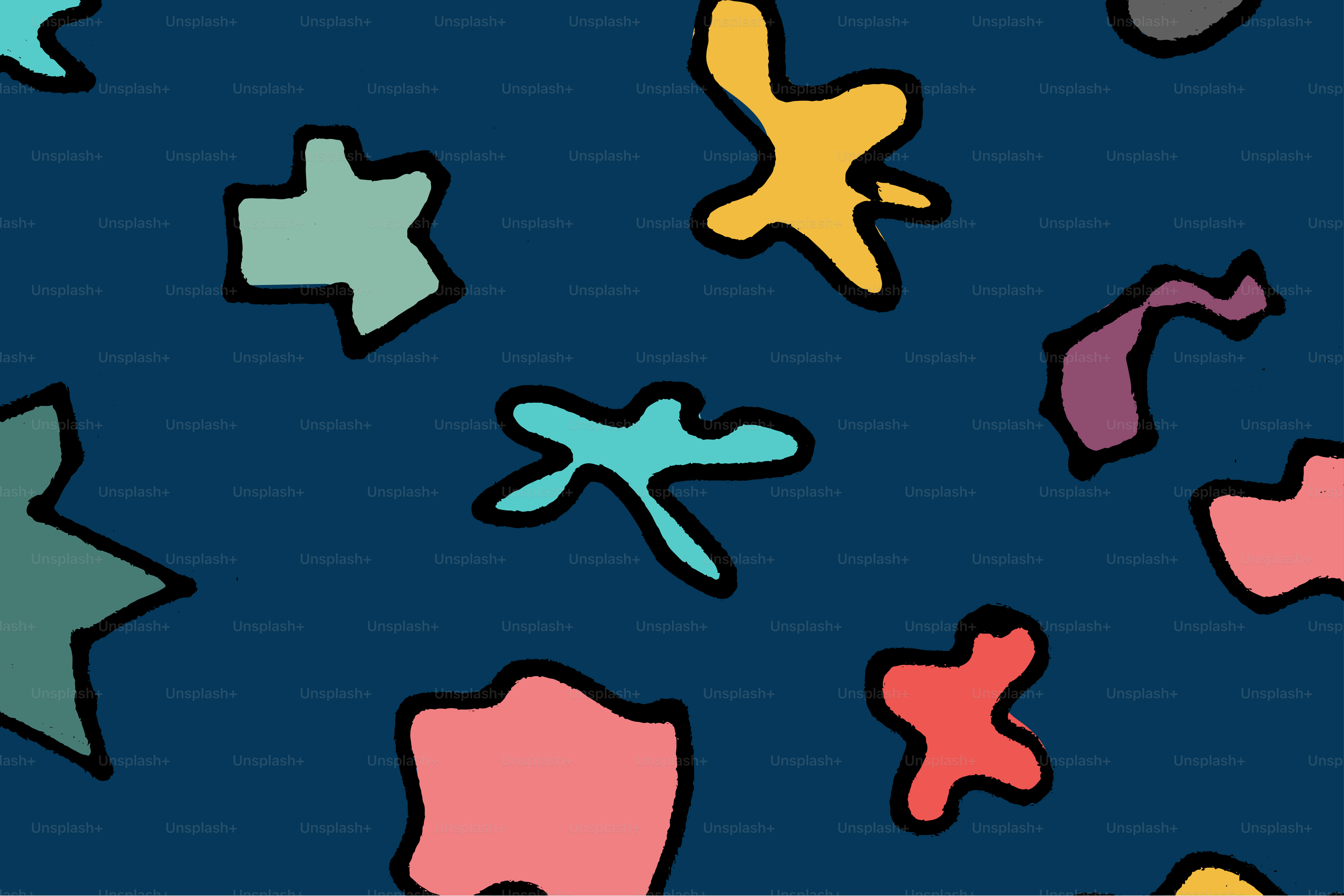 Colorful shapes float against a blue background.