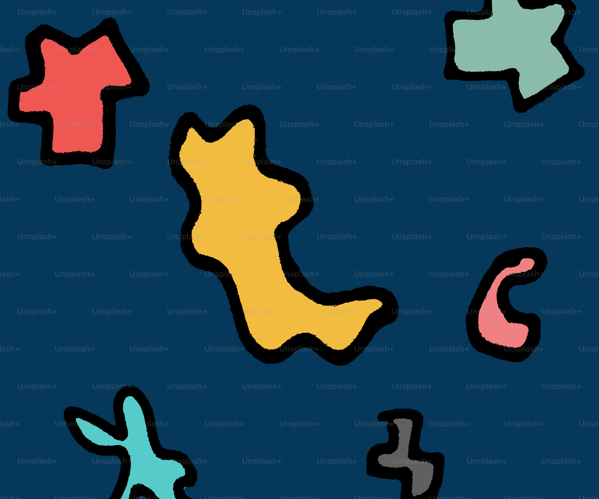 Abstract shapes float on a blue background.