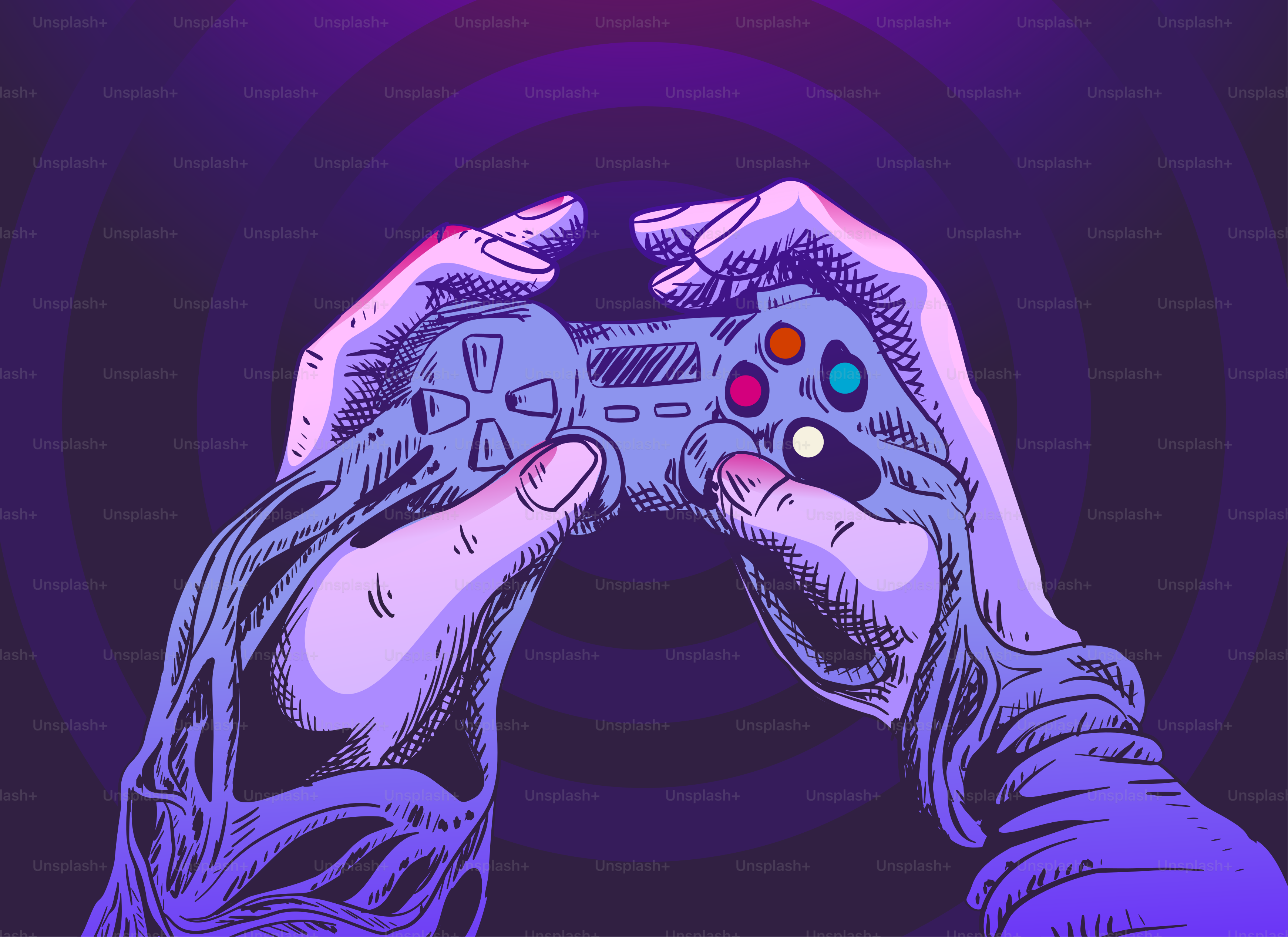 Hands holding a gaming controller, vibrant and digital.