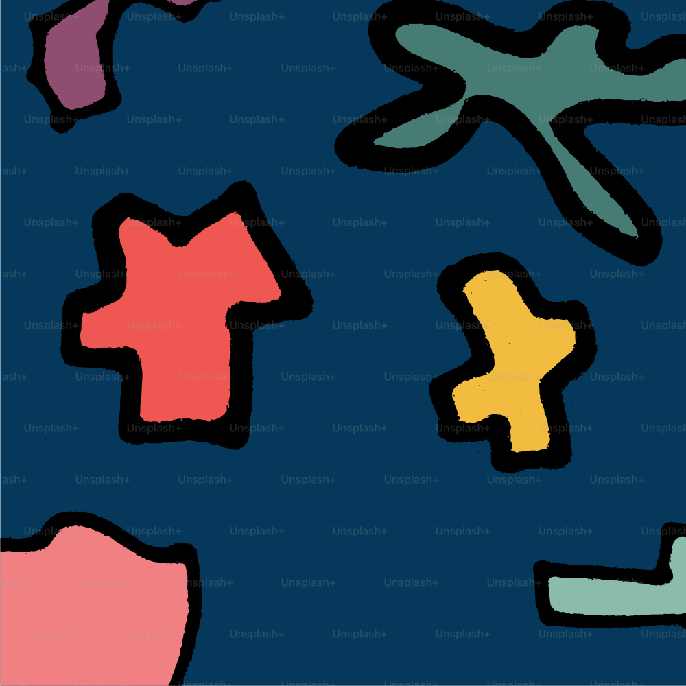 Colorful abstract shapes on a dark blue background.