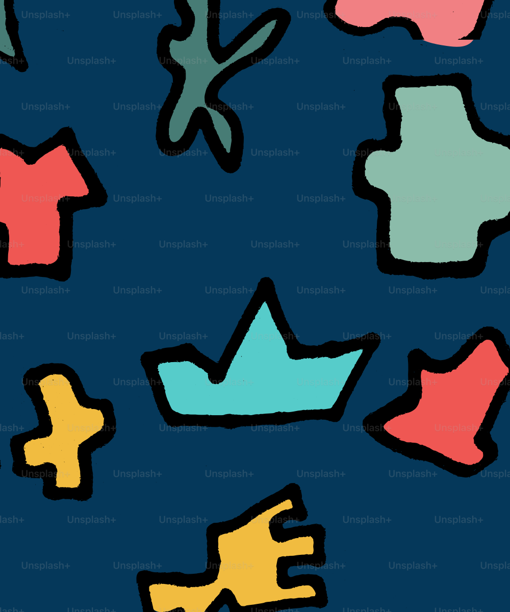 Colorful shapes float against a dark blue background.