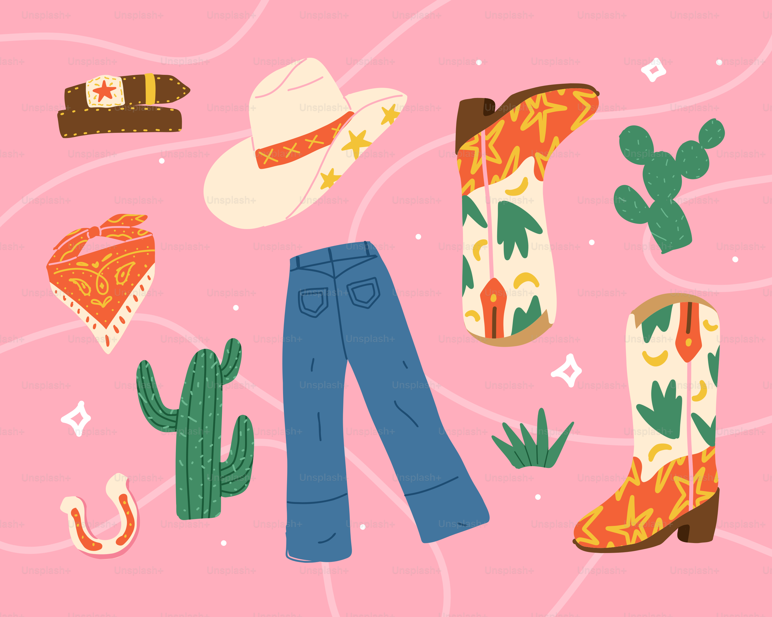 Western clothing and accessories are arranged on a pink background.