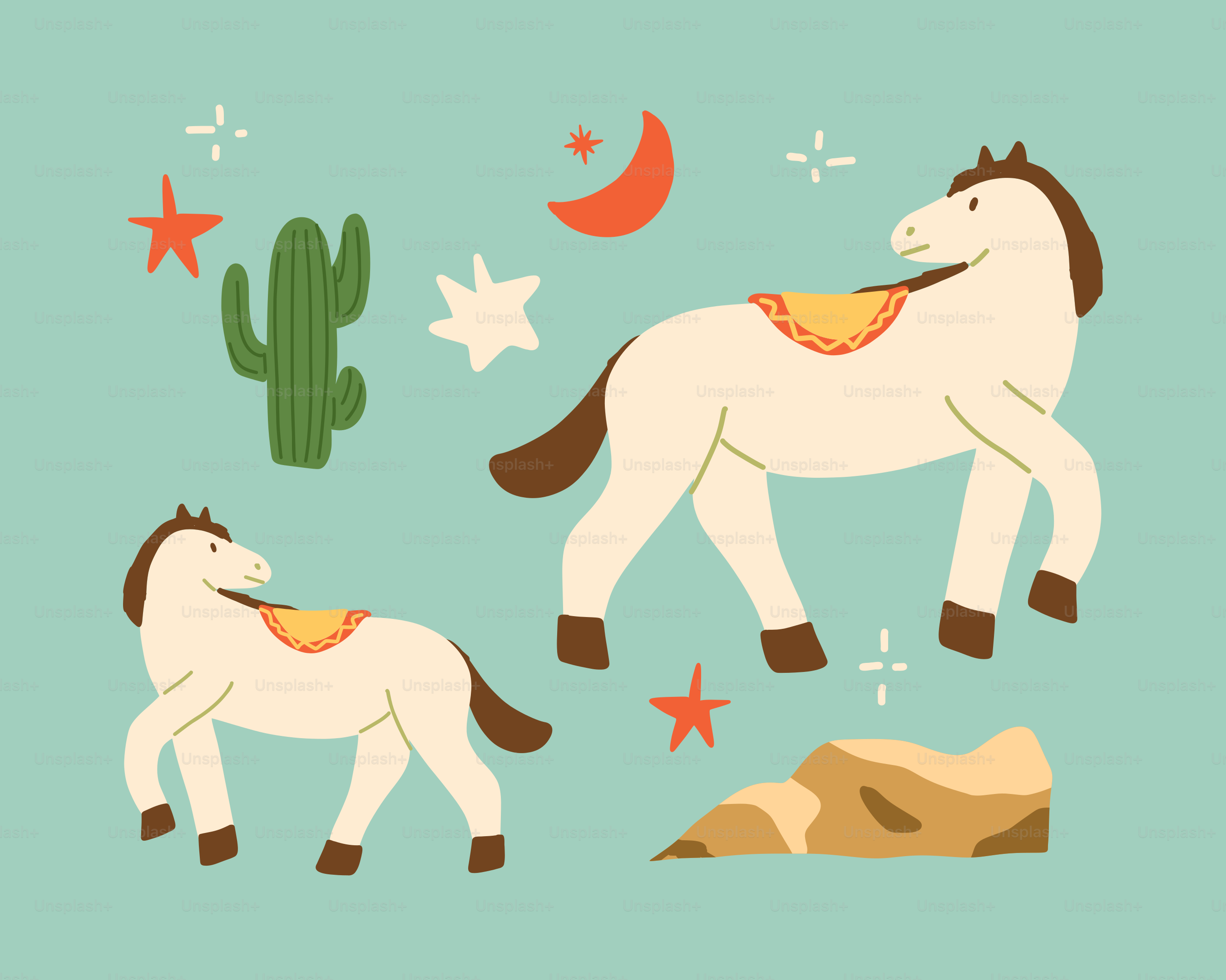 Horses, stars, cacti, and a crescent moon.