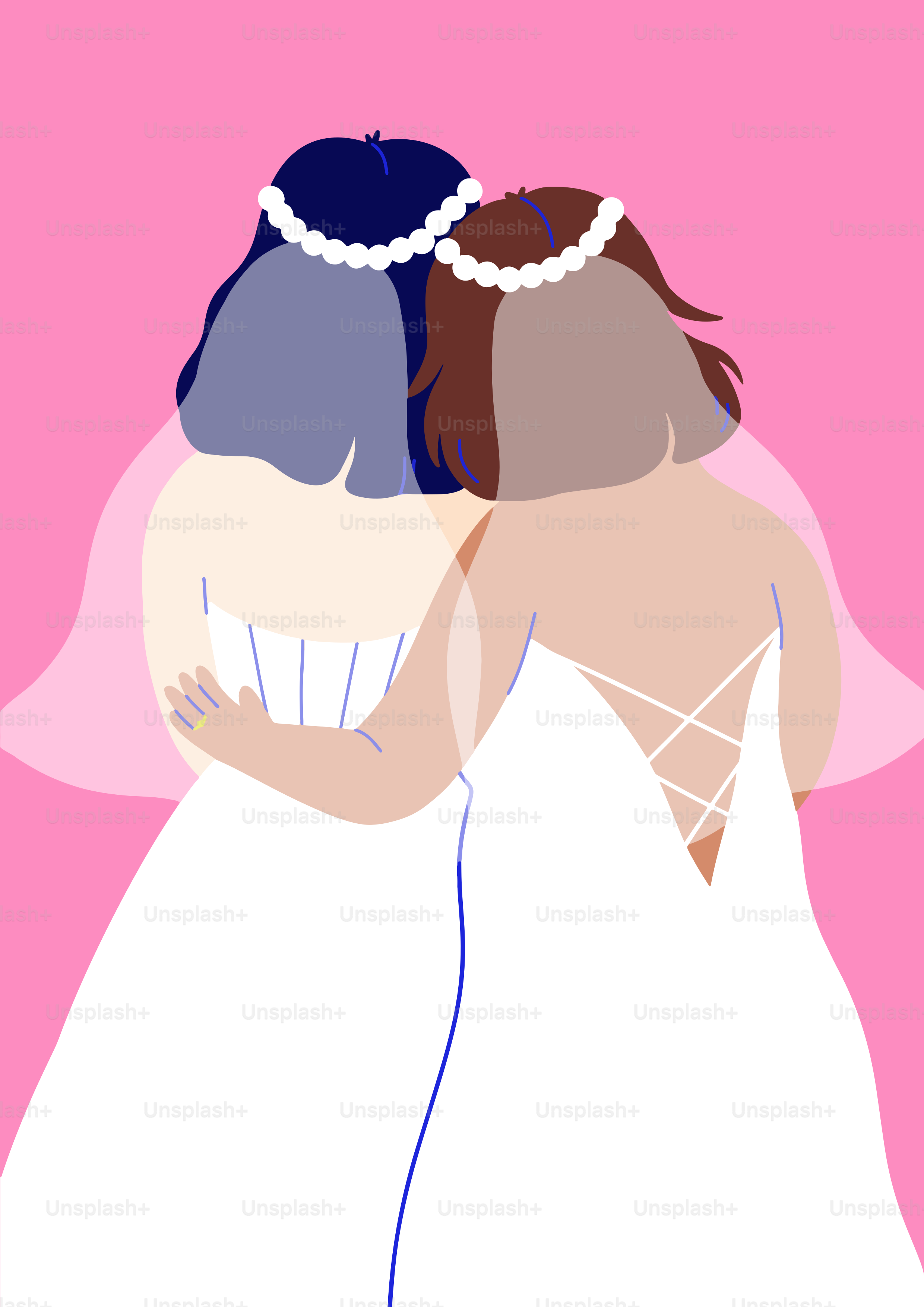 Two brides embrace, celebrating their wedding day.
