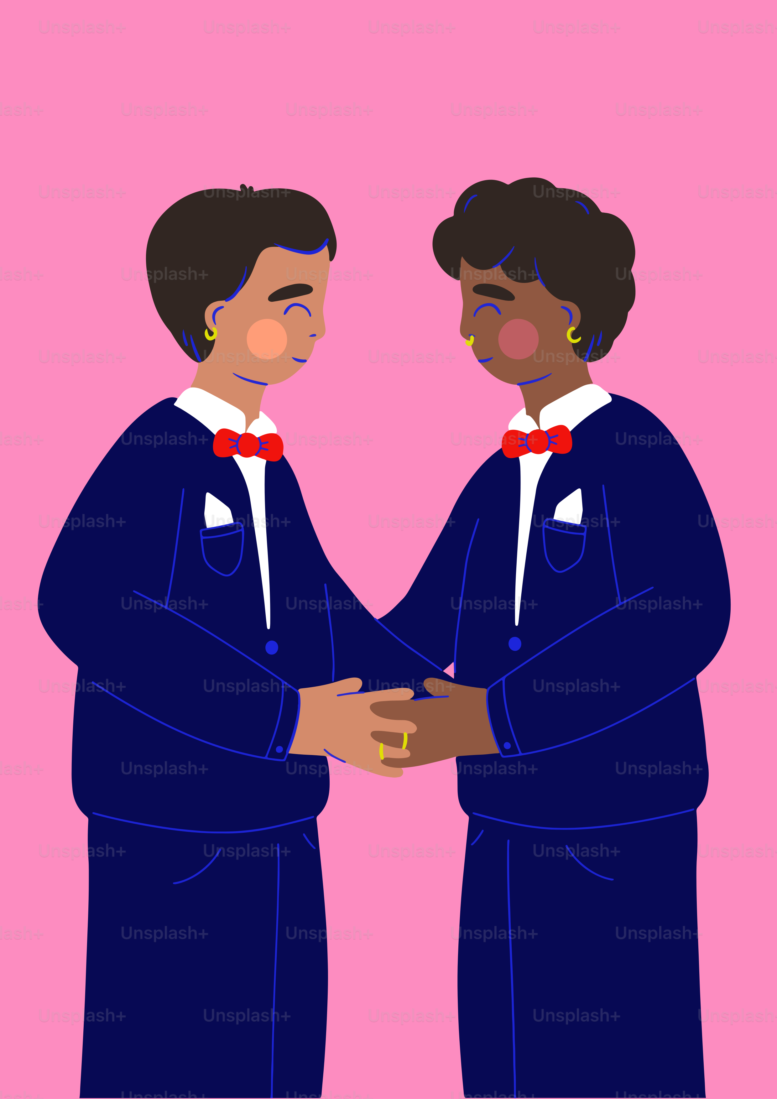Two men in suits hold hands.