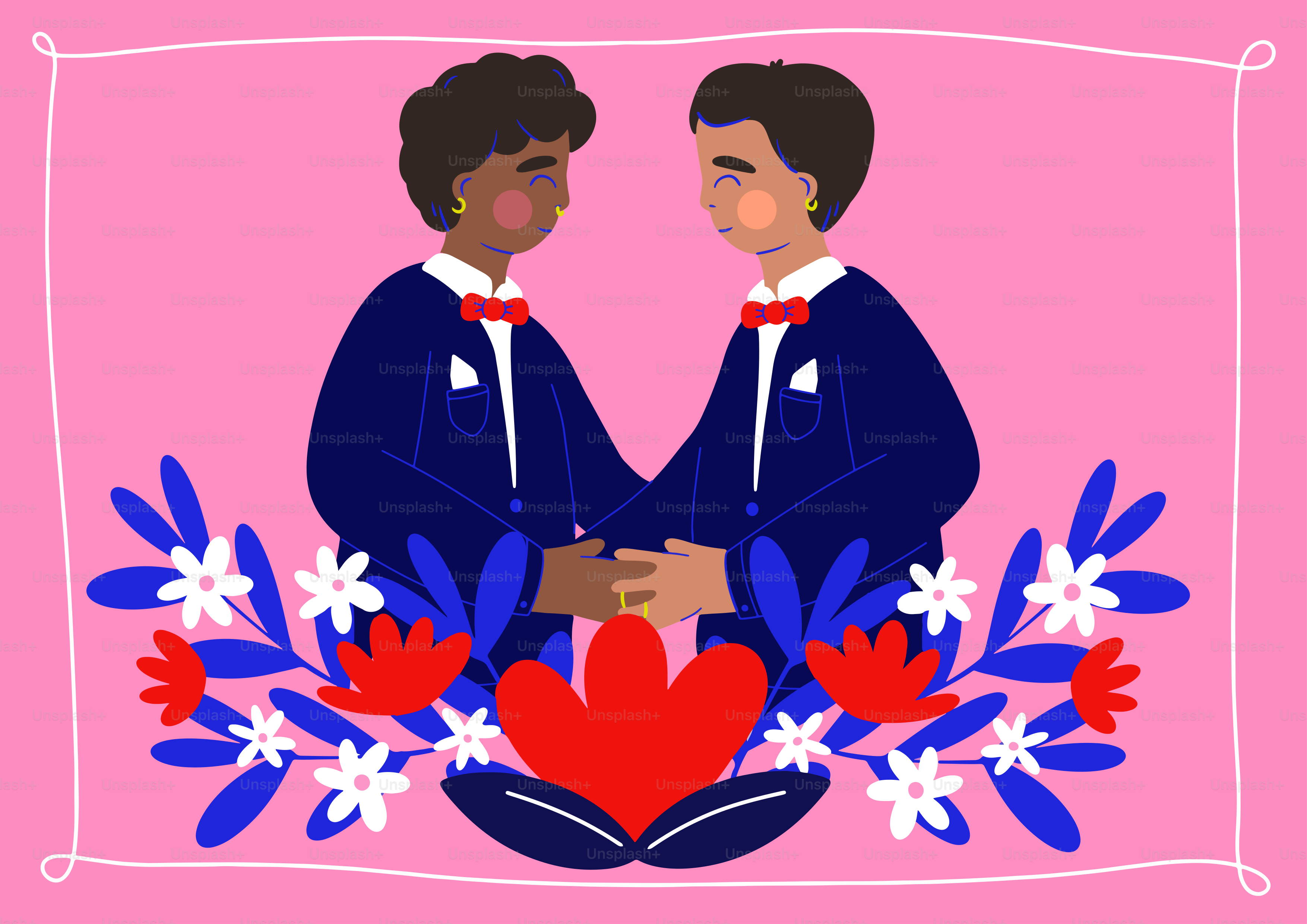 Two grooms holding hands, surrounded by flowers.