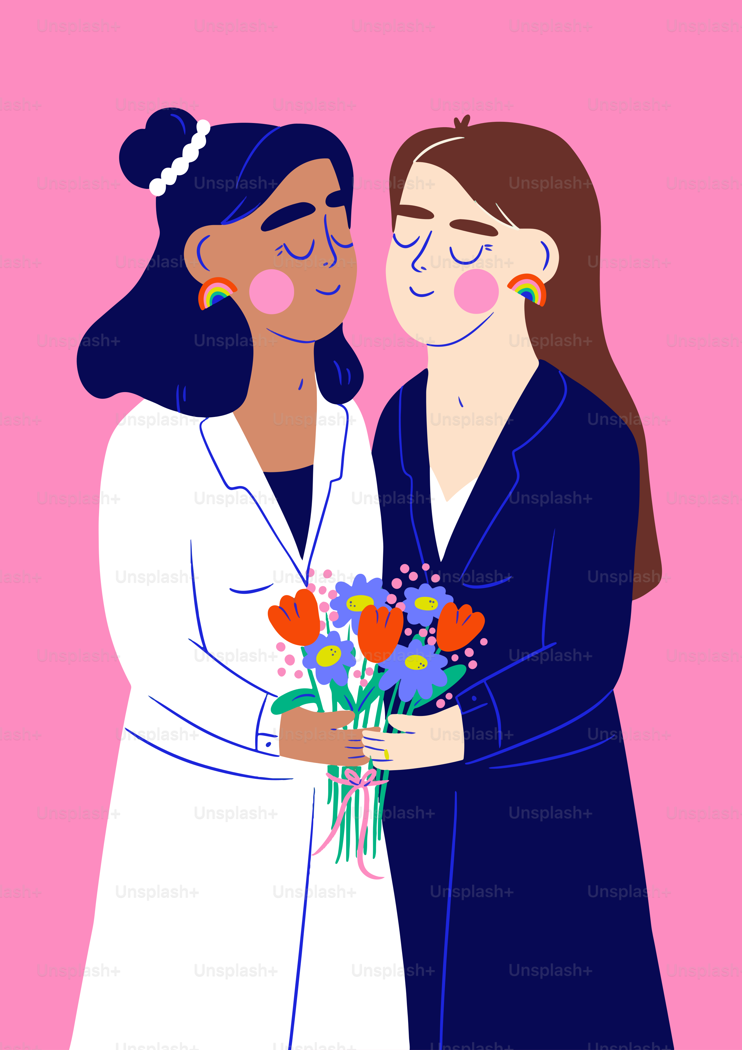 Two women embrace with a bouquet of flowers.