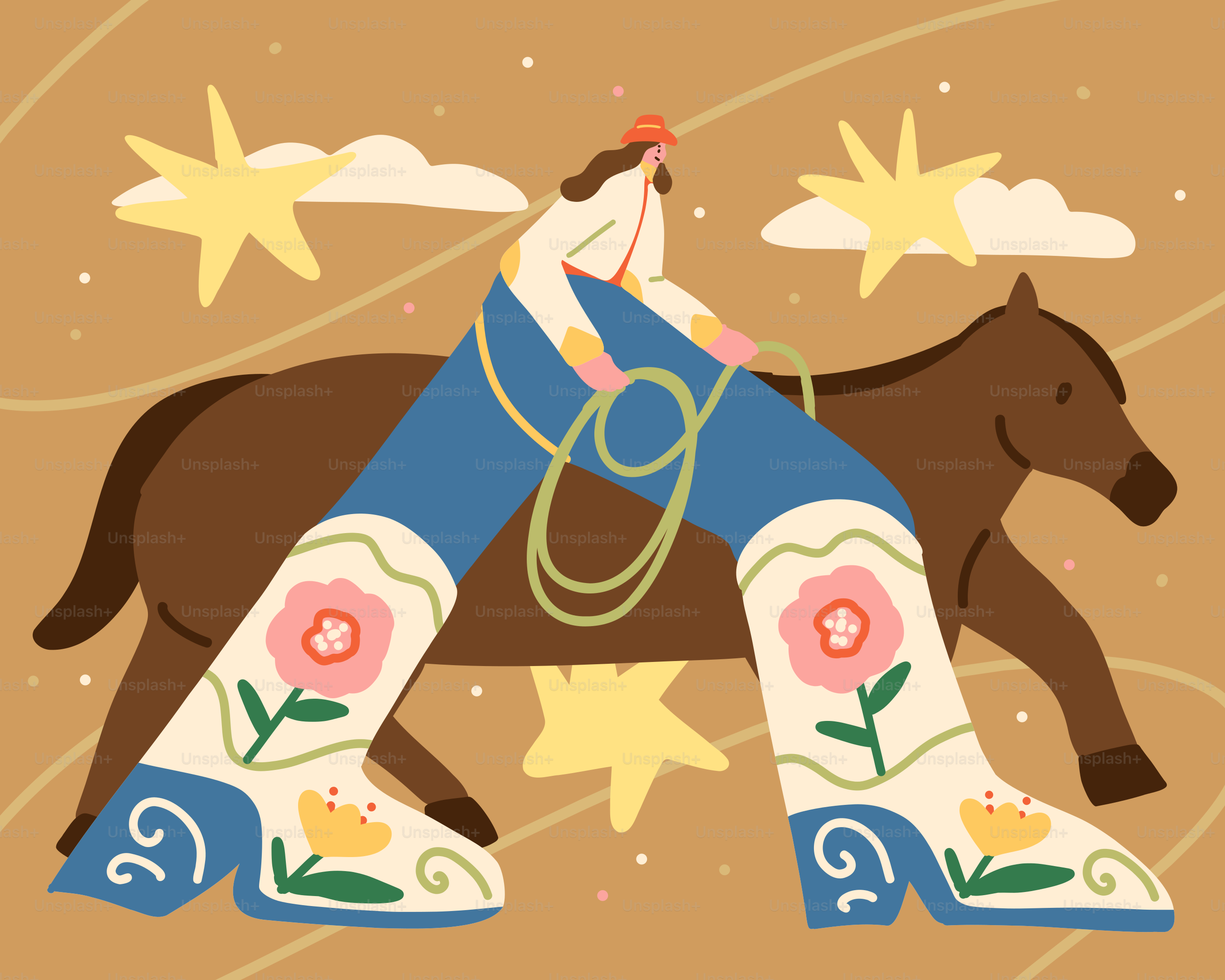 Cowgirl rides a horse under stars.